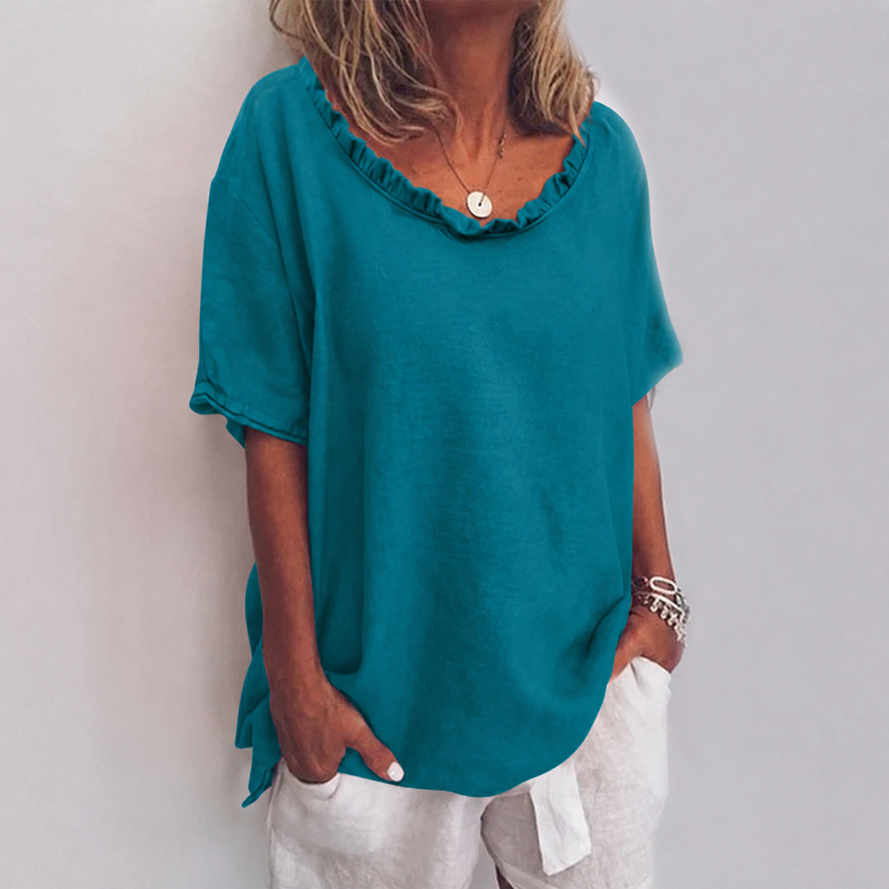 Celeste Ruffle Neck Linen Blouse