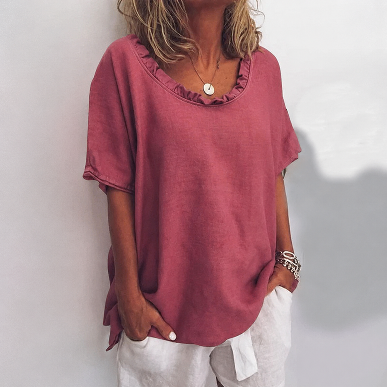 Celeste Ruffle Neck Linen Blouse