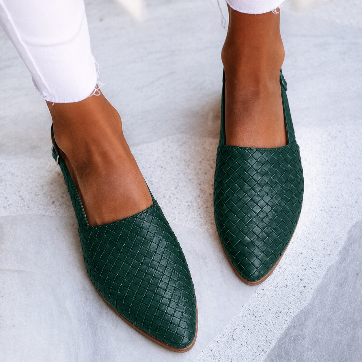 Margo & Main – green woven vegan leather pointed slingback flats, top view, US women's sizes