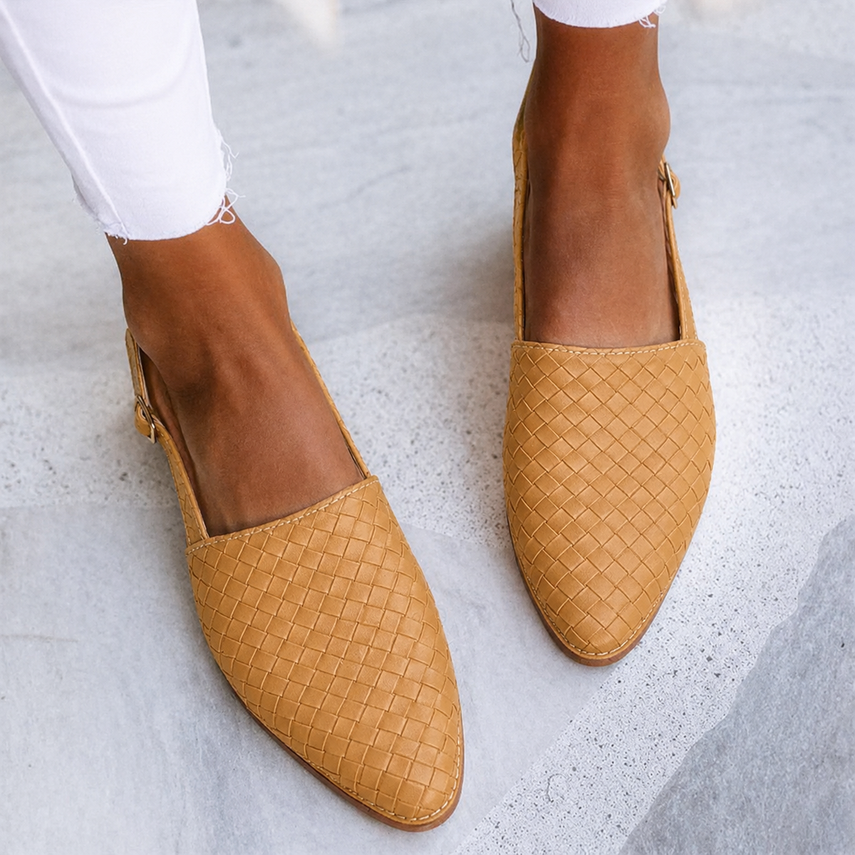 Margo & Main – tan woven vegan leather pointed slingback flats, weave detail, US women's sizes