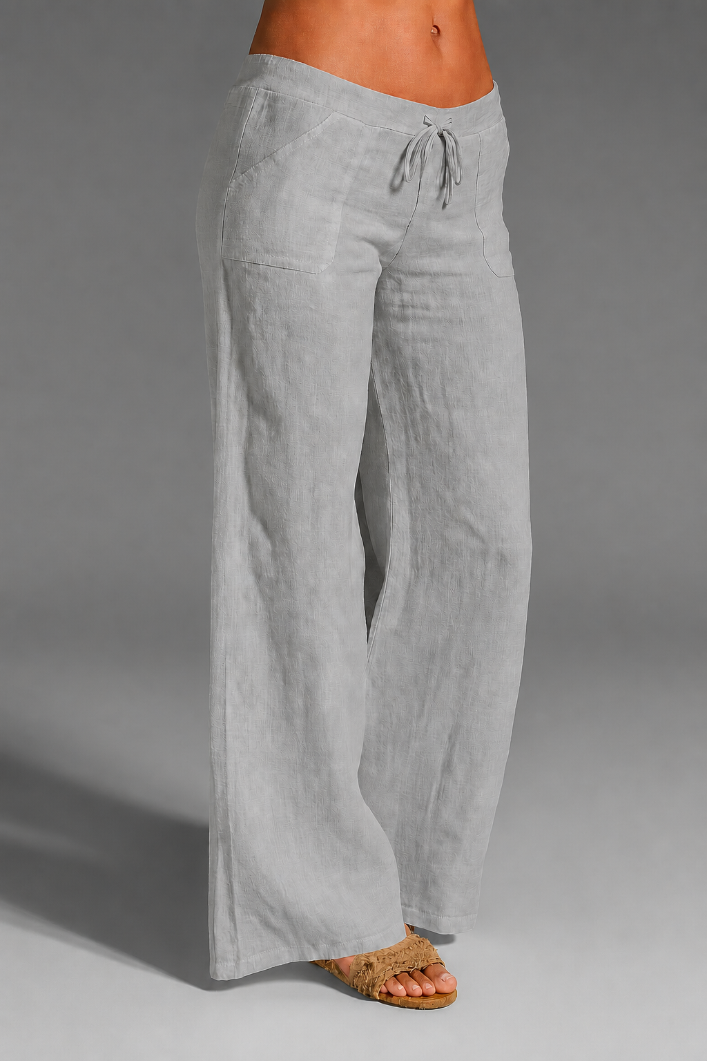 Margo & Main - gray wide-leg drawstring linen pants, woven texture detail, US women's sizes
