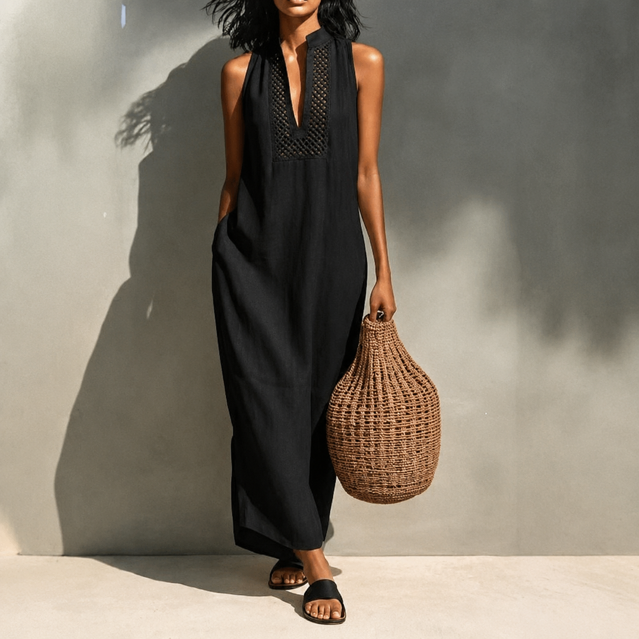 Maelle Breathable Crochet Panel Maxi Dress
