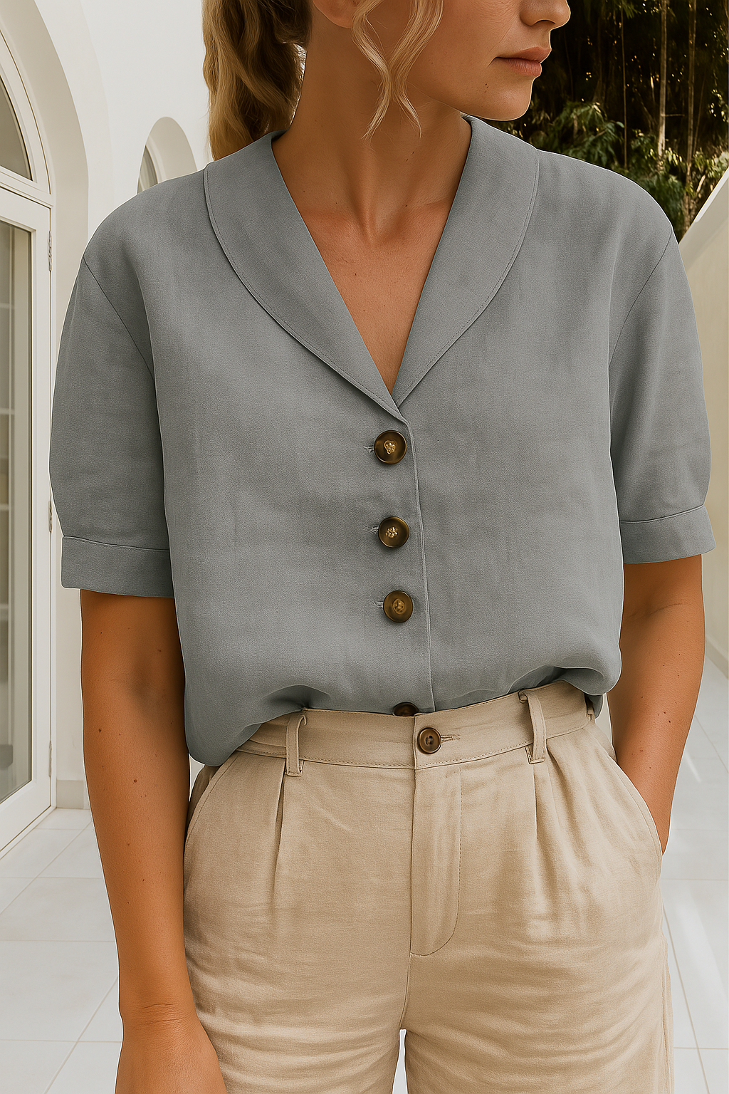 Carol Linen Blend Button Blouse