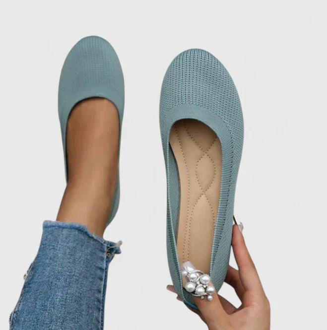 Margo & Main – light blue knit slip-on ballet flats, cushioned insole view, US women's sizes
