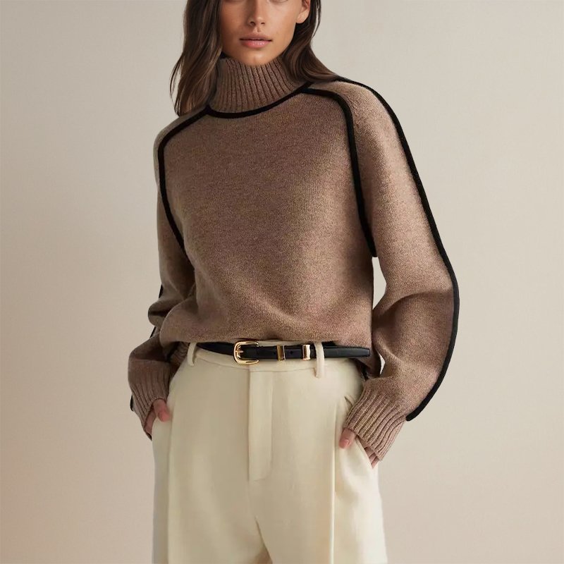 Margo & Main - cream contrast trim turtleneck sweater ribbed cuff detail, US women's sizes