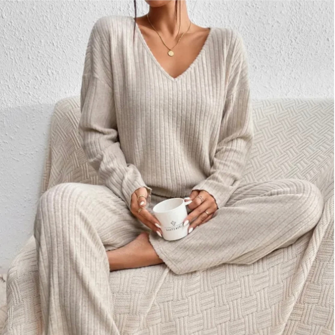 Margo & Main – beige ribbed knit two-piece set seated with a coffee mug, US women's sizes