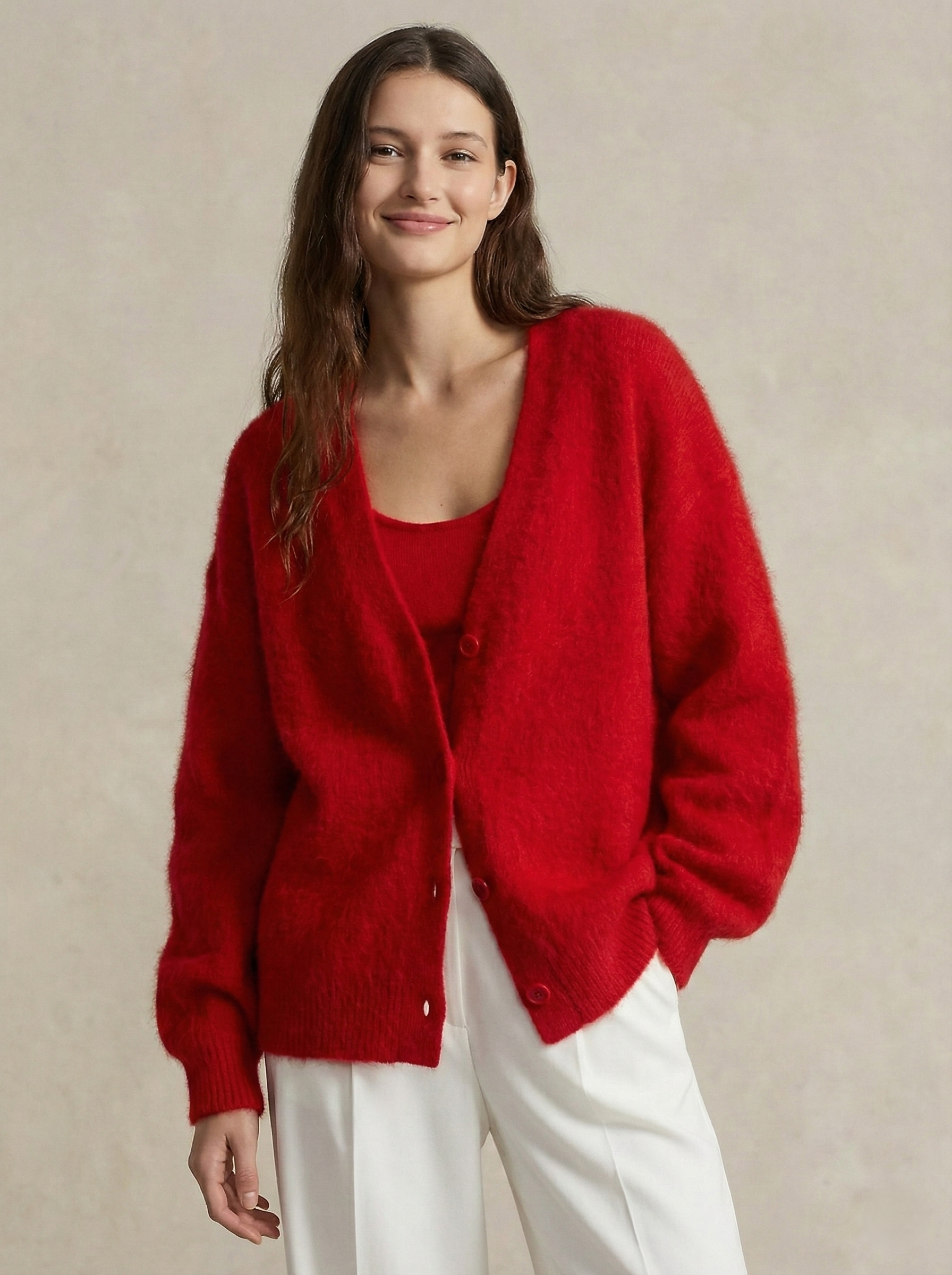 Margo & Main – red brushed knit oversized cardigan styled front view, US women's sizes