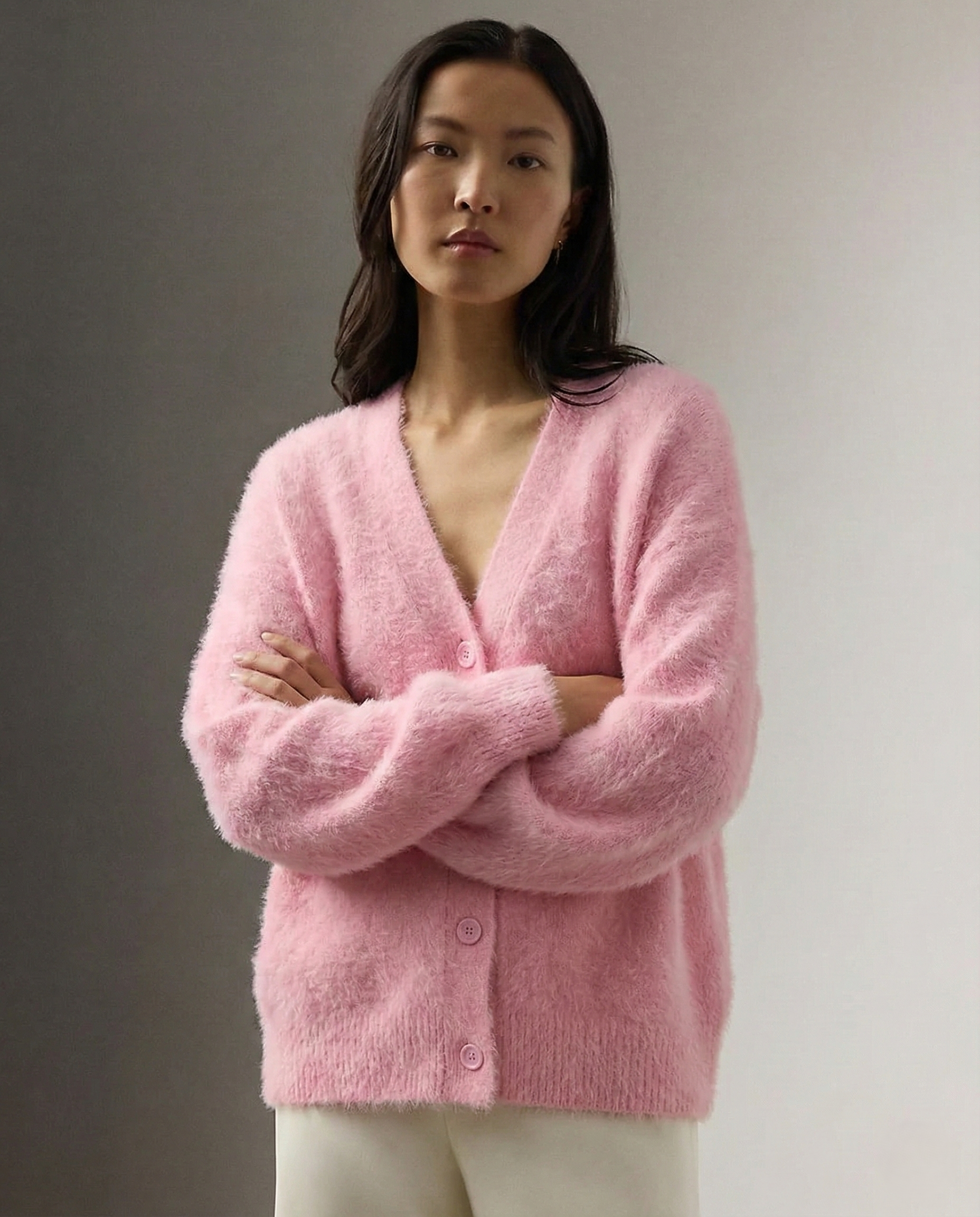 Margo & Main – pink brushed knit oversized cardigan front view with arms crossed, US women's sizes