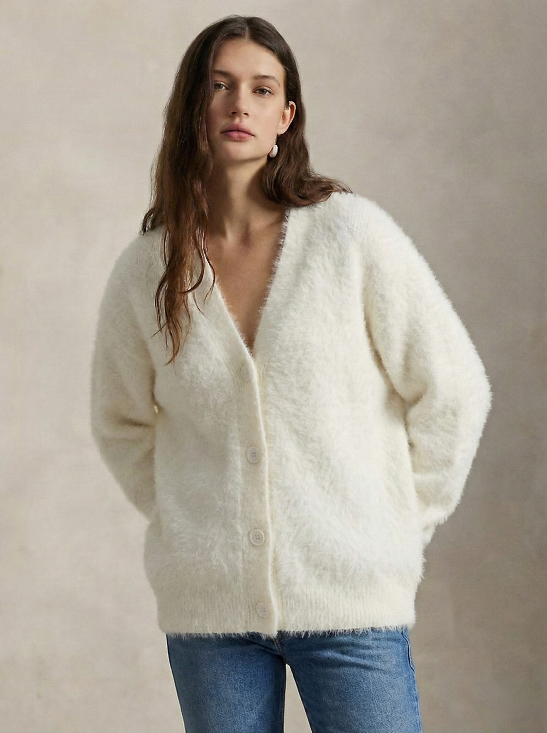 Margo & Main – cream brushed knit oversized cardigan open front view, US women's sizes