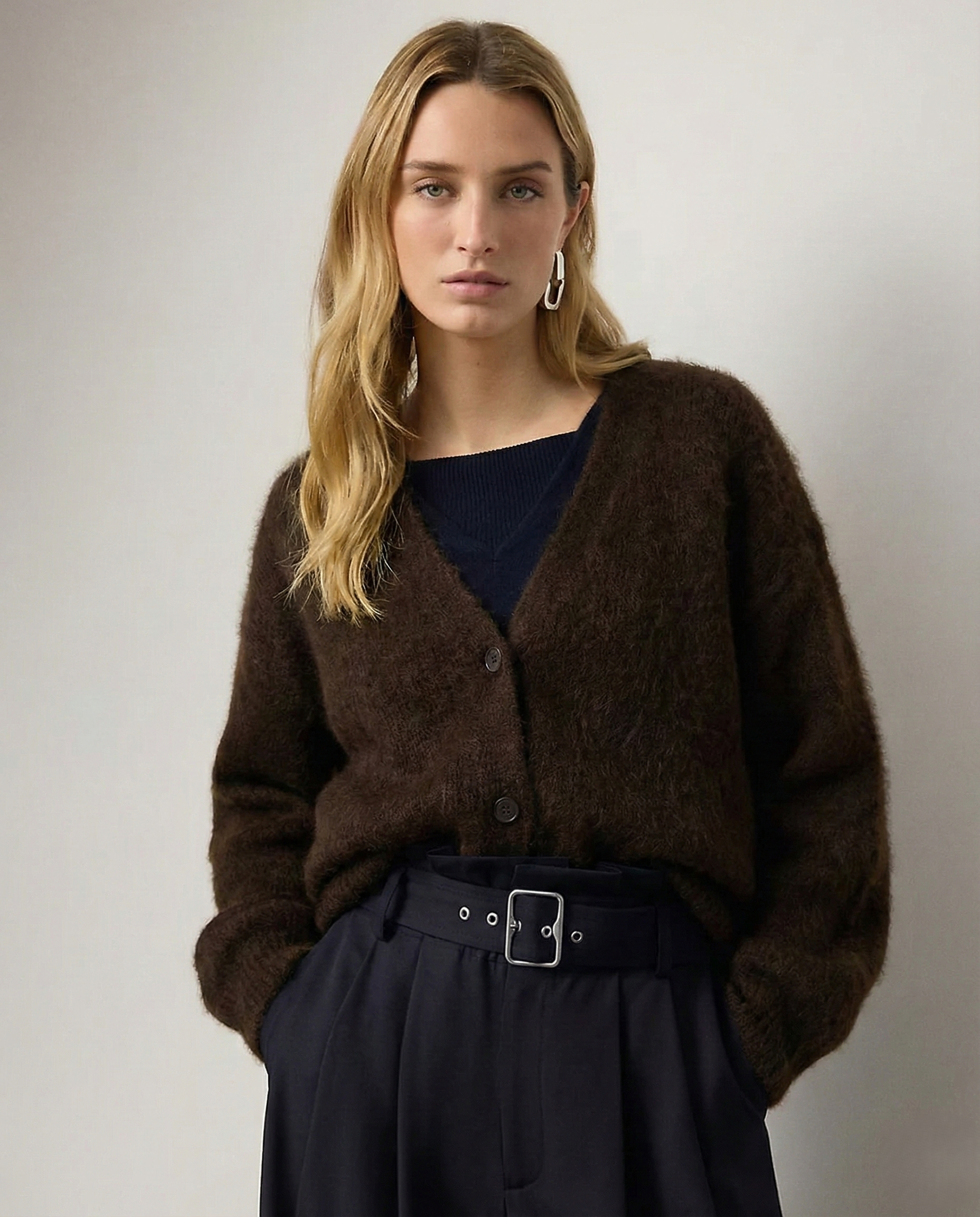 Margo & Main – brown brushed knit oversized cardigan cropped front view, US women's sizes