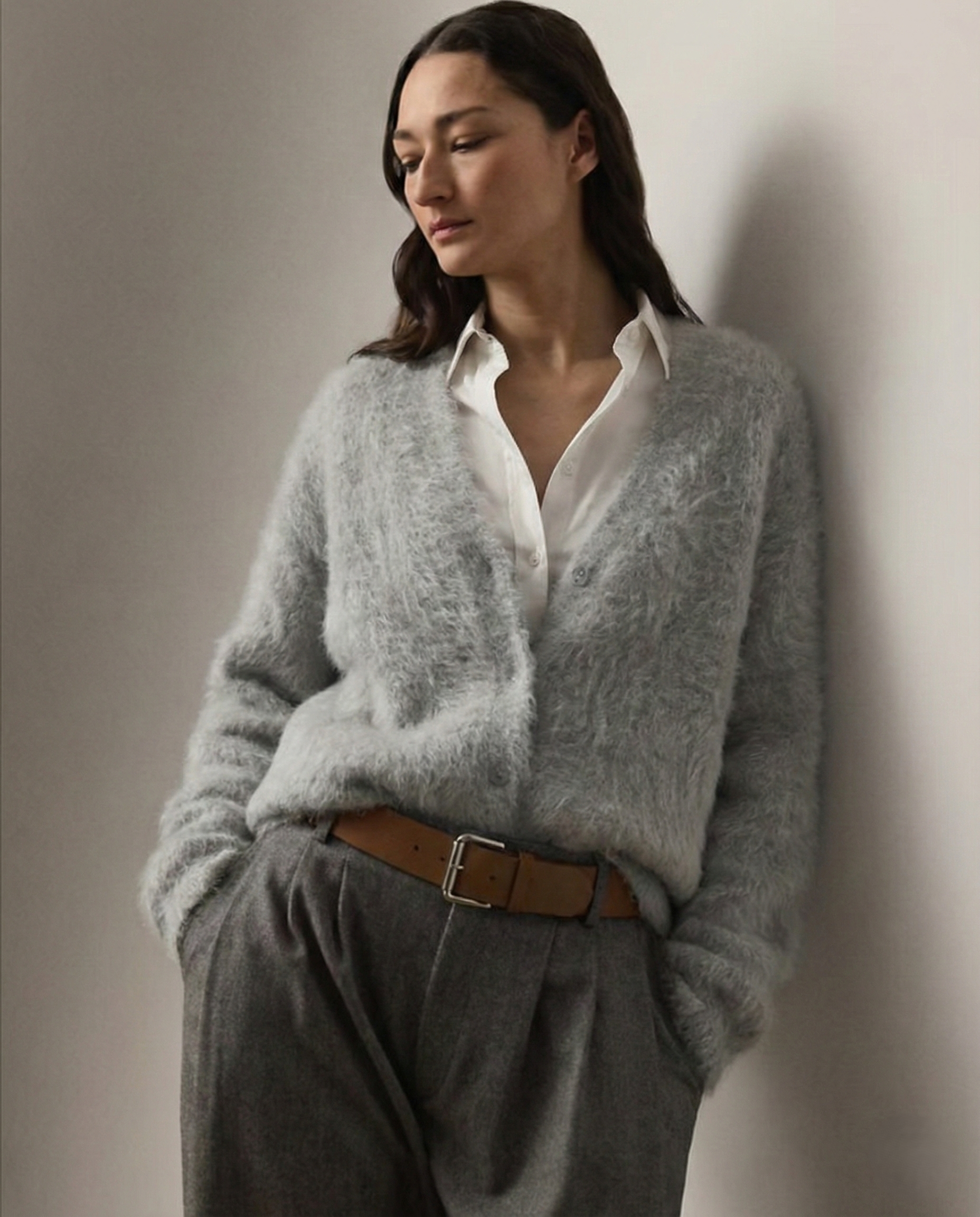 Margo & Main – light gray brushed knit oversized cardigan front view with a shirt, US women's sizes