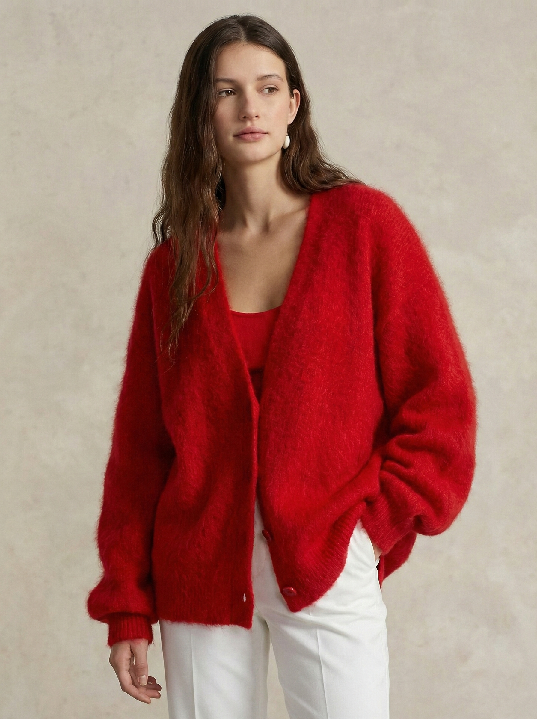 Margo & Main – red brushed knit oversized cardigan oversized front view, US women's sizes