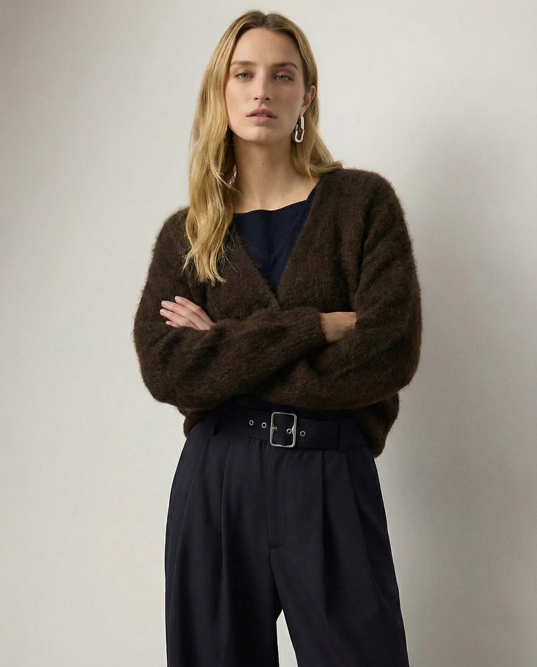 Margo & Main – brown brushed knit oversized cardigan front view with arms crossed, US women's sizes