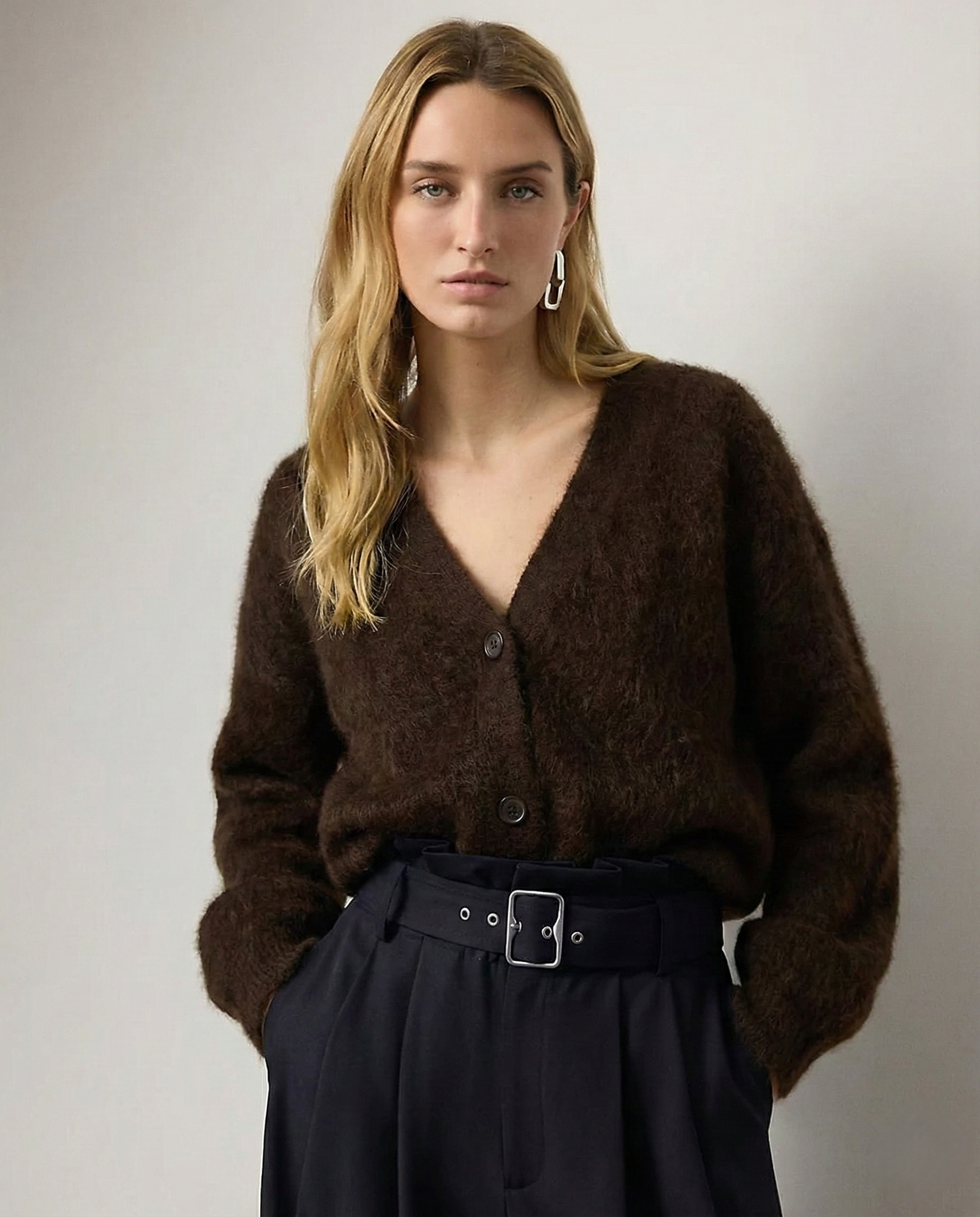 Margo & Main – brown brushed knit oversized cardigan relaxed front view, US women's sizes