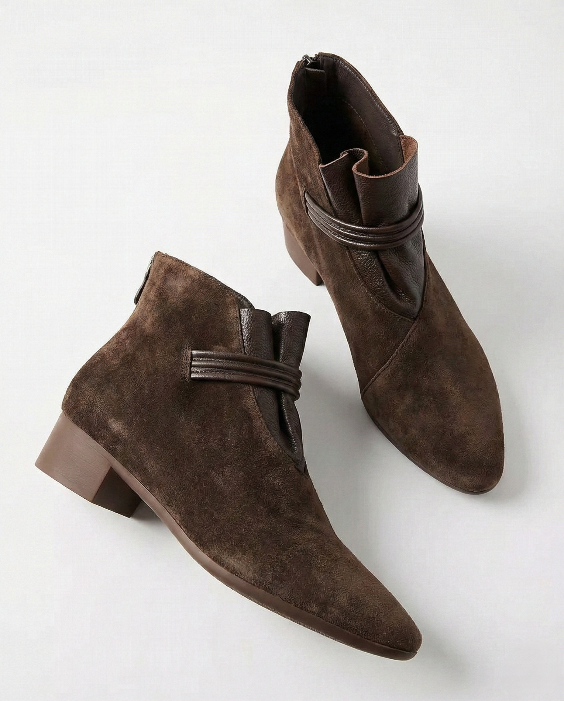 Margo & Main – coffee suede ankle boots angled single boot on a white backdrop, US women's sizes