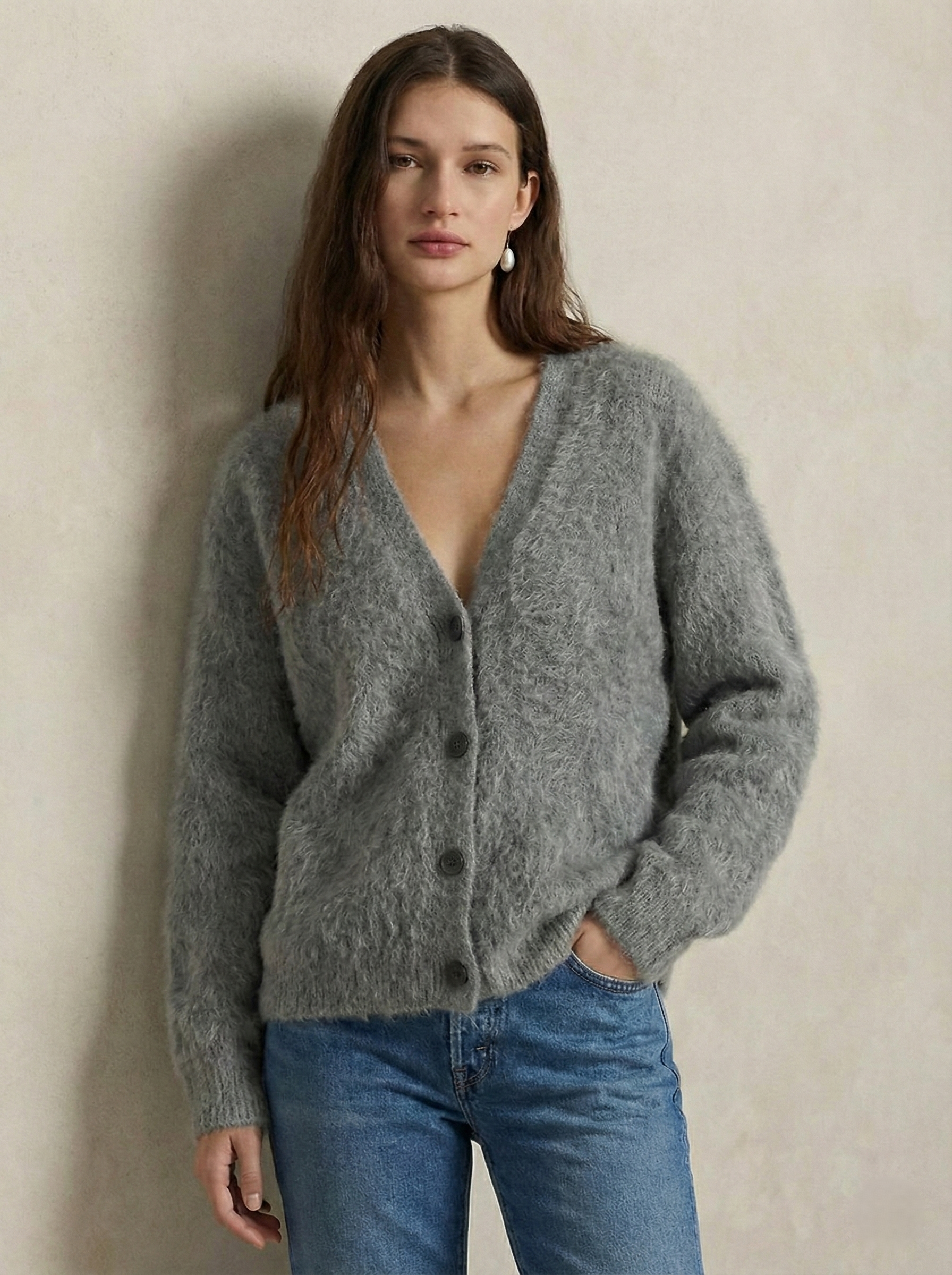 Margo & Main – gray brushed knit oversized cardigan front view on model, US women's sizes