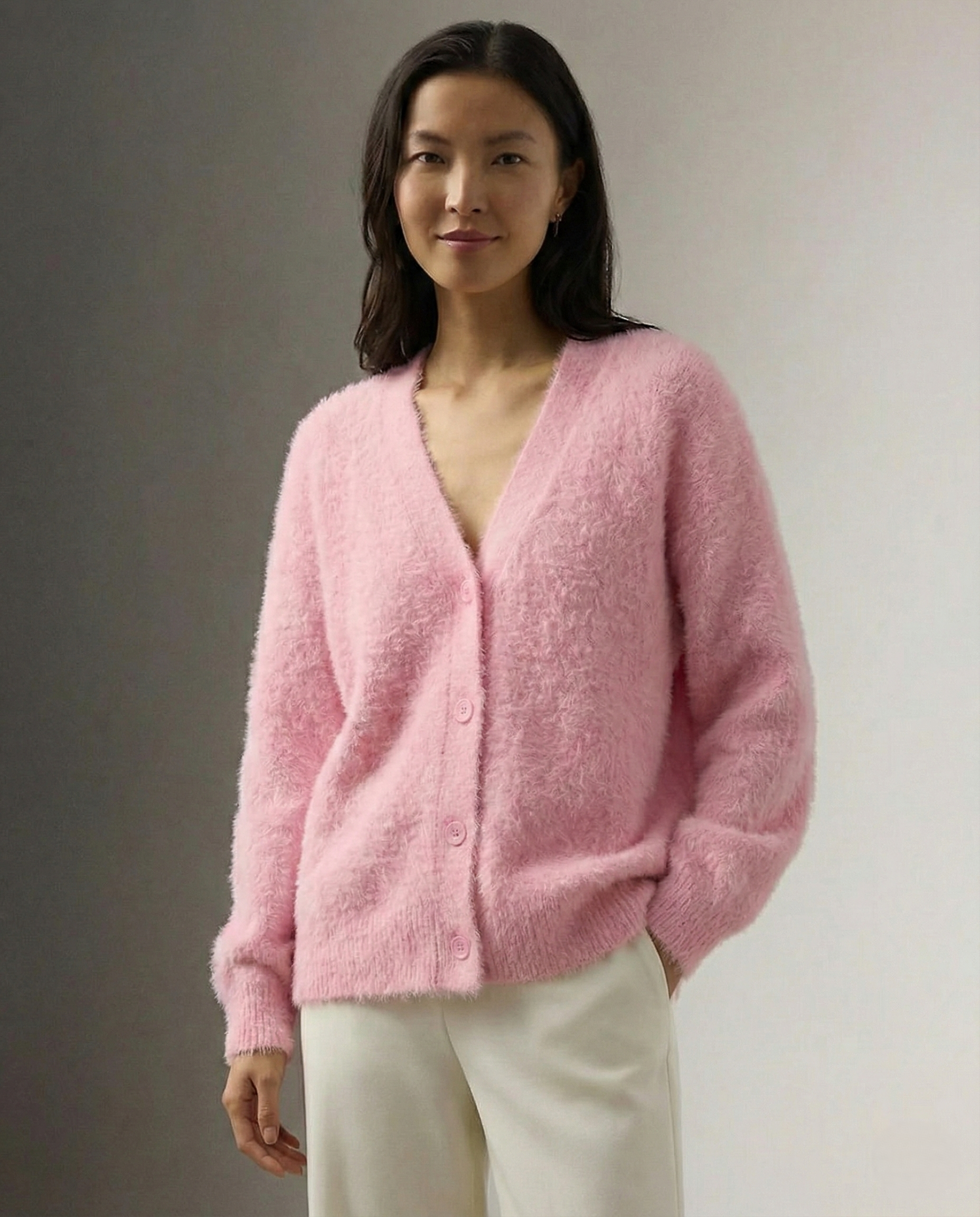Margo & Main – pink brushed knit oversized cardigan open front view, US women's sizes