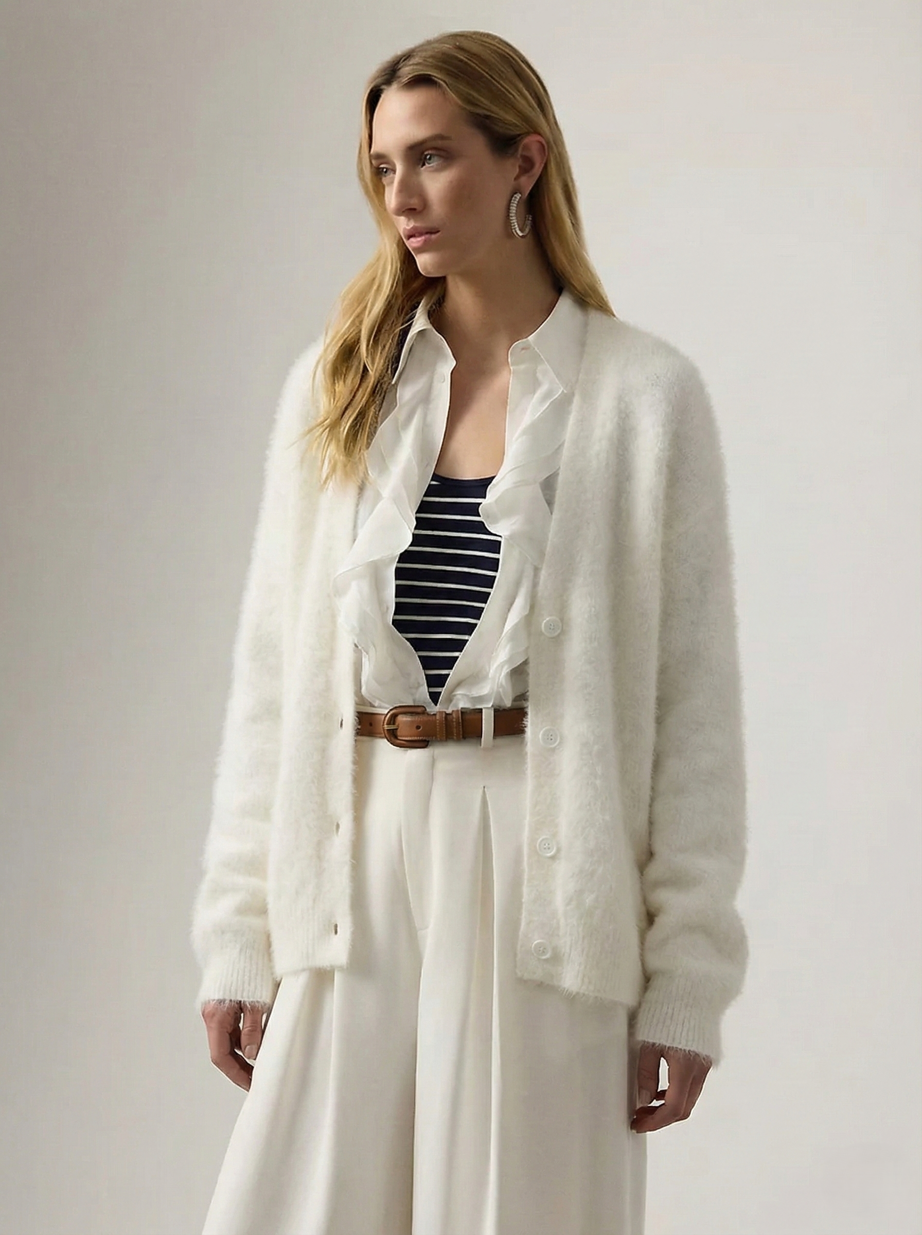 Margo & Main – cream brushed knit oversized cardigan belted styled look, US women's sizes