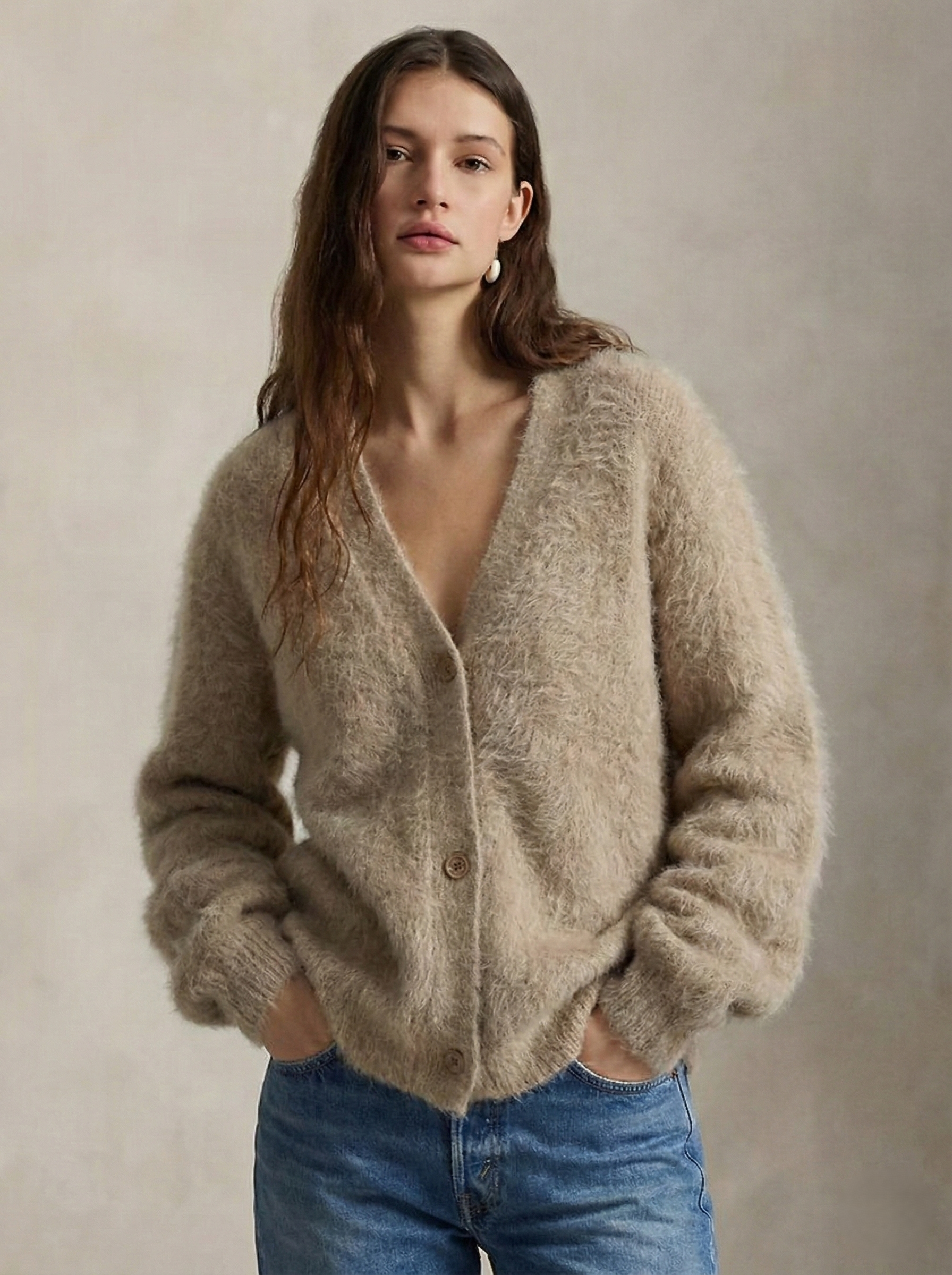Margo & Main – oatmeal brushed knit oversized cardigan front view on model, US women's sizes