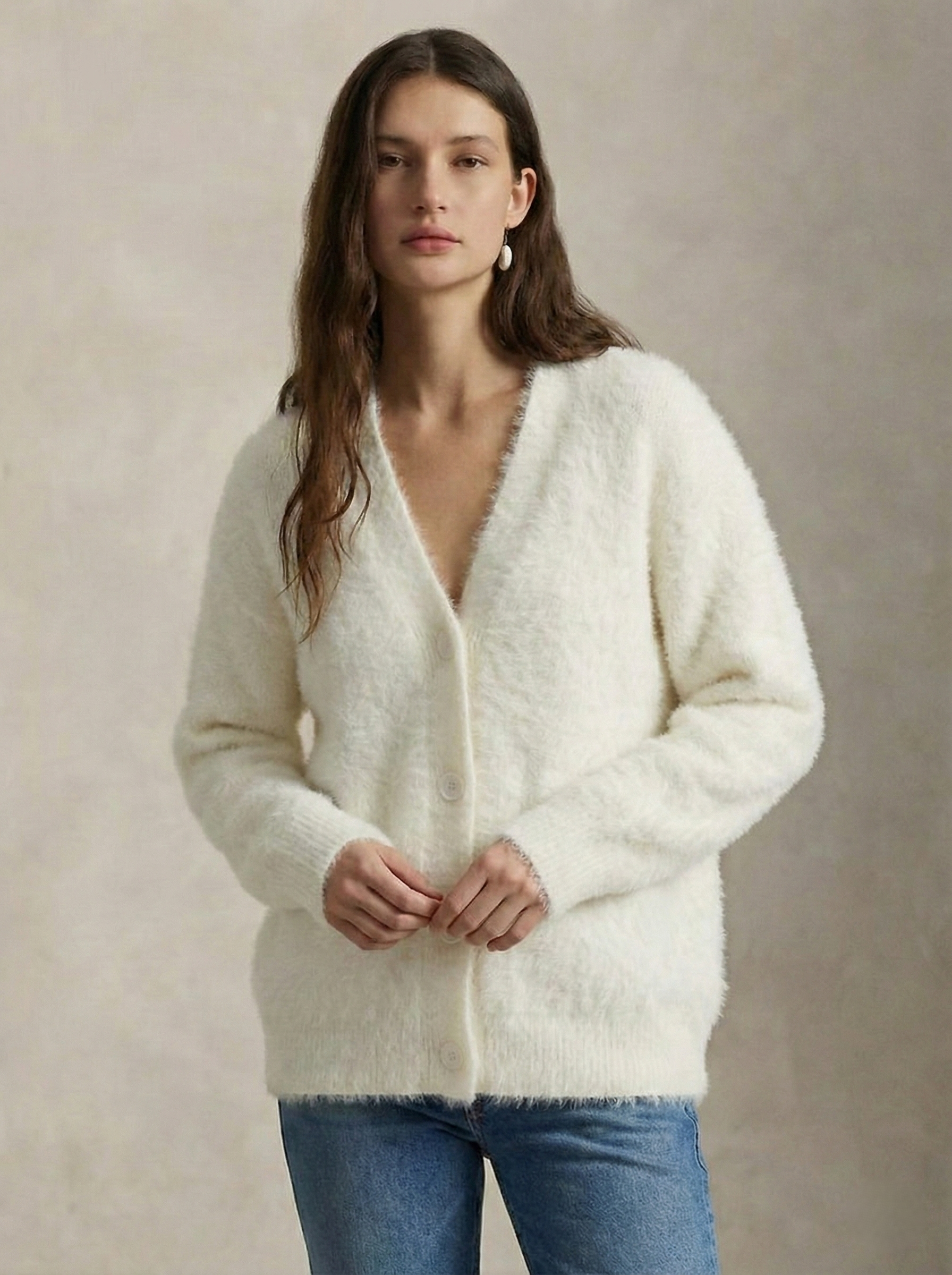 Margo & Main – cream brushed knit oversized cardigan relaxed front view, US women's sizes