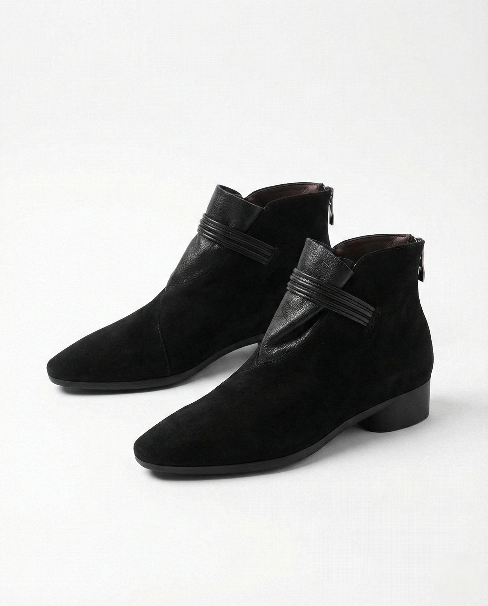 Margo & Main – black suede ankle boots pair standing on a white backdrop, US women's sizes