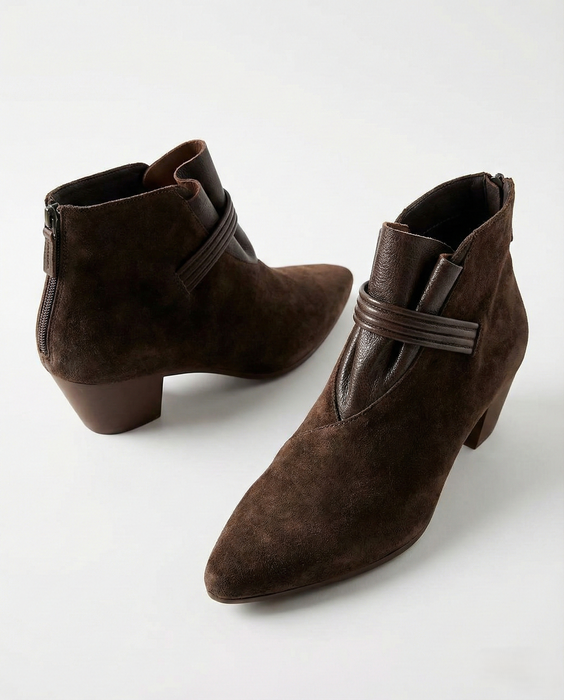 Margo & Main – coffee suede ankle boots pair standing on a white backdrop, US women's sizes