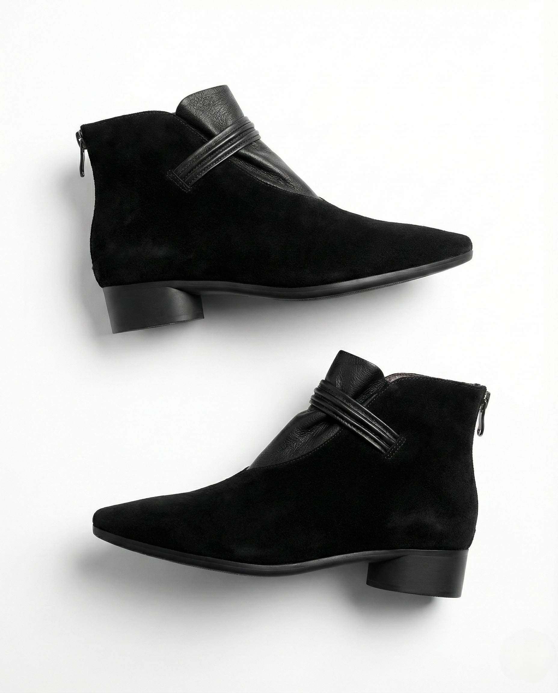 Margo & Main – black suede ankle boots angled pair view on a white backdrop, US women's sizes