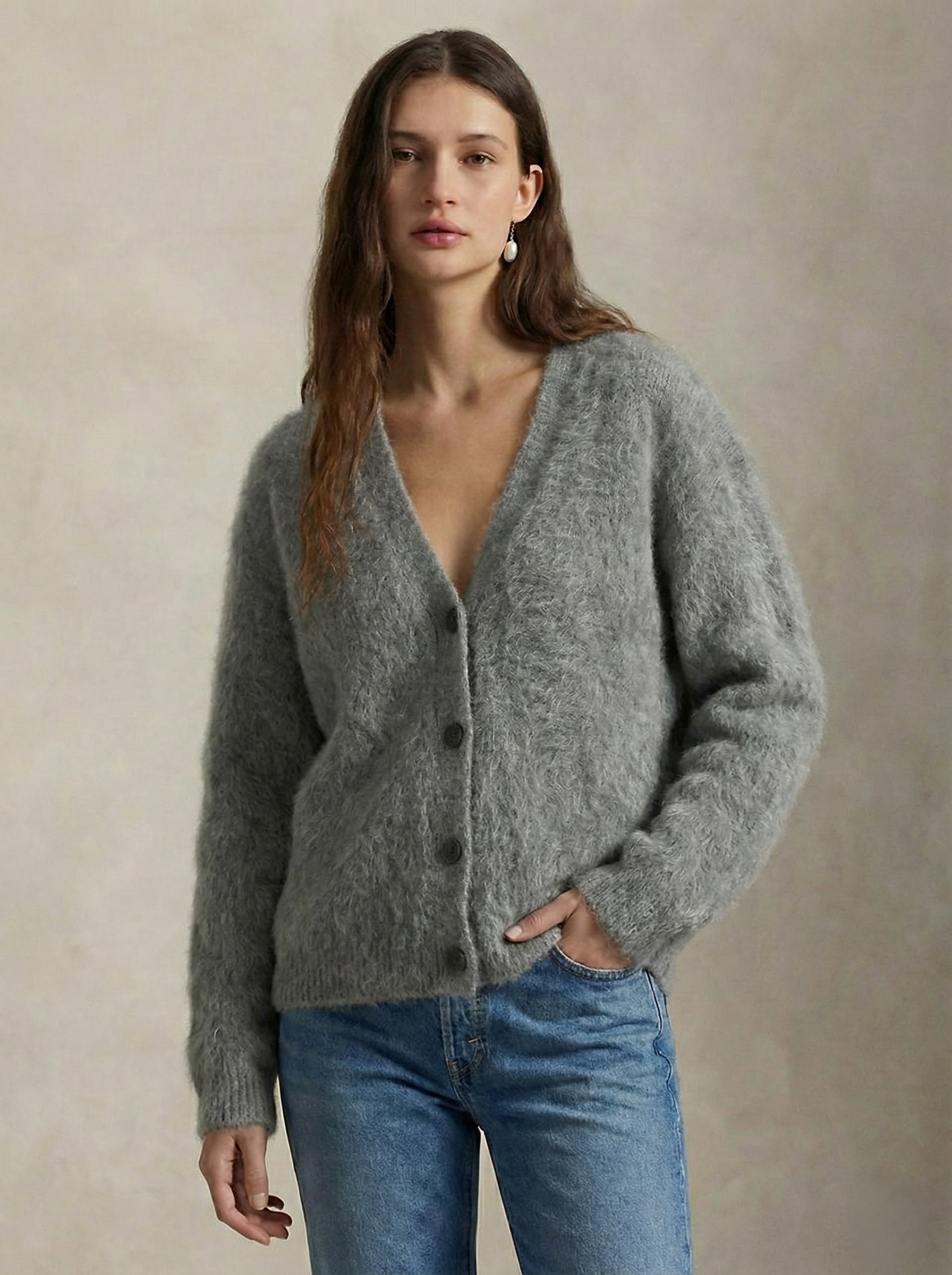Margo & Main – gray brushed knit oversized cardigan relaxed front view, US women's sizes