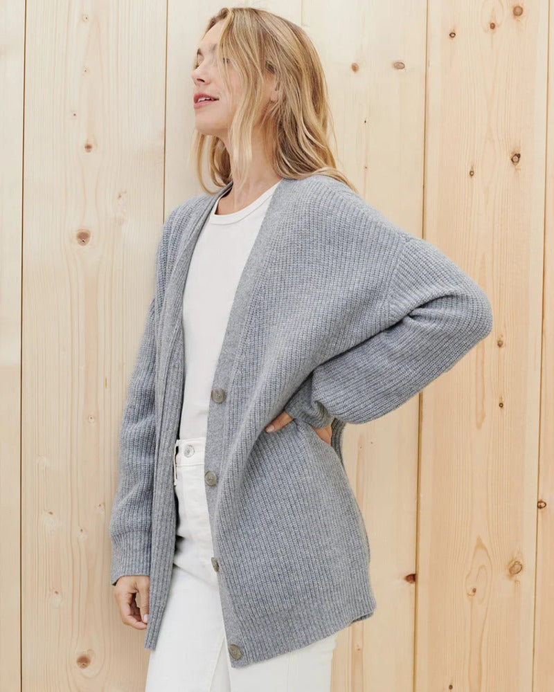 Margo & Main – gray ribbed V-neck cardigan side view showing the side slit, US women's sizes