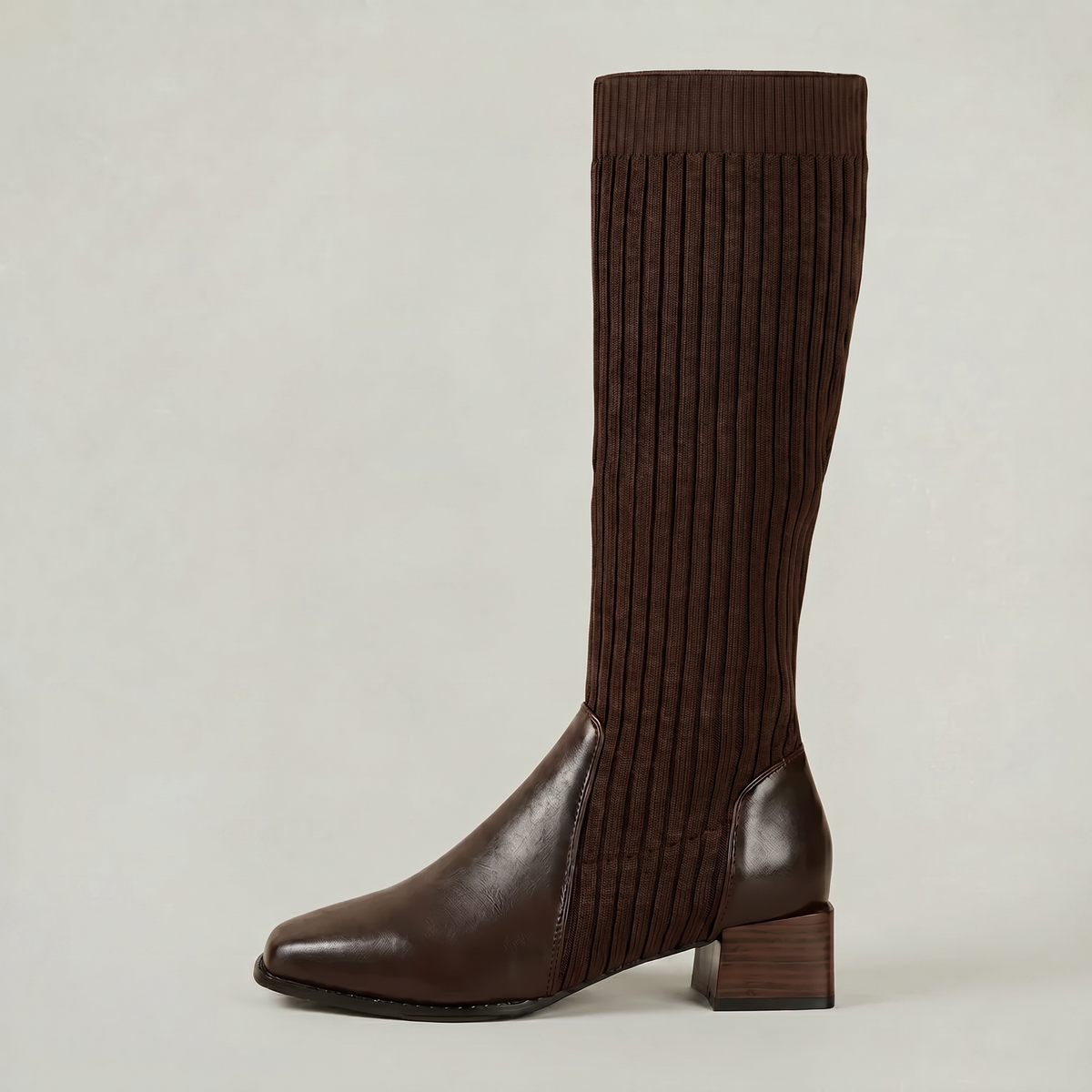 Margo & Main – Dark Brown ribbed knit knee-high boots side profile, US women's sizes