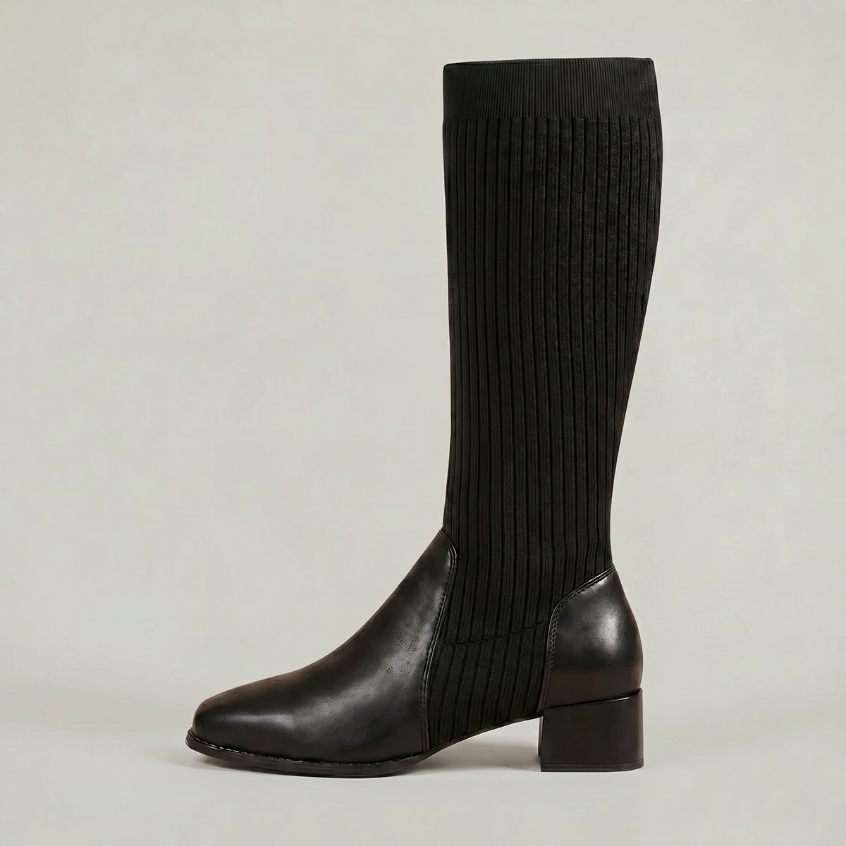 Margo & Main – Black ribbed knit knee-high boots side profile view, US women's sizes