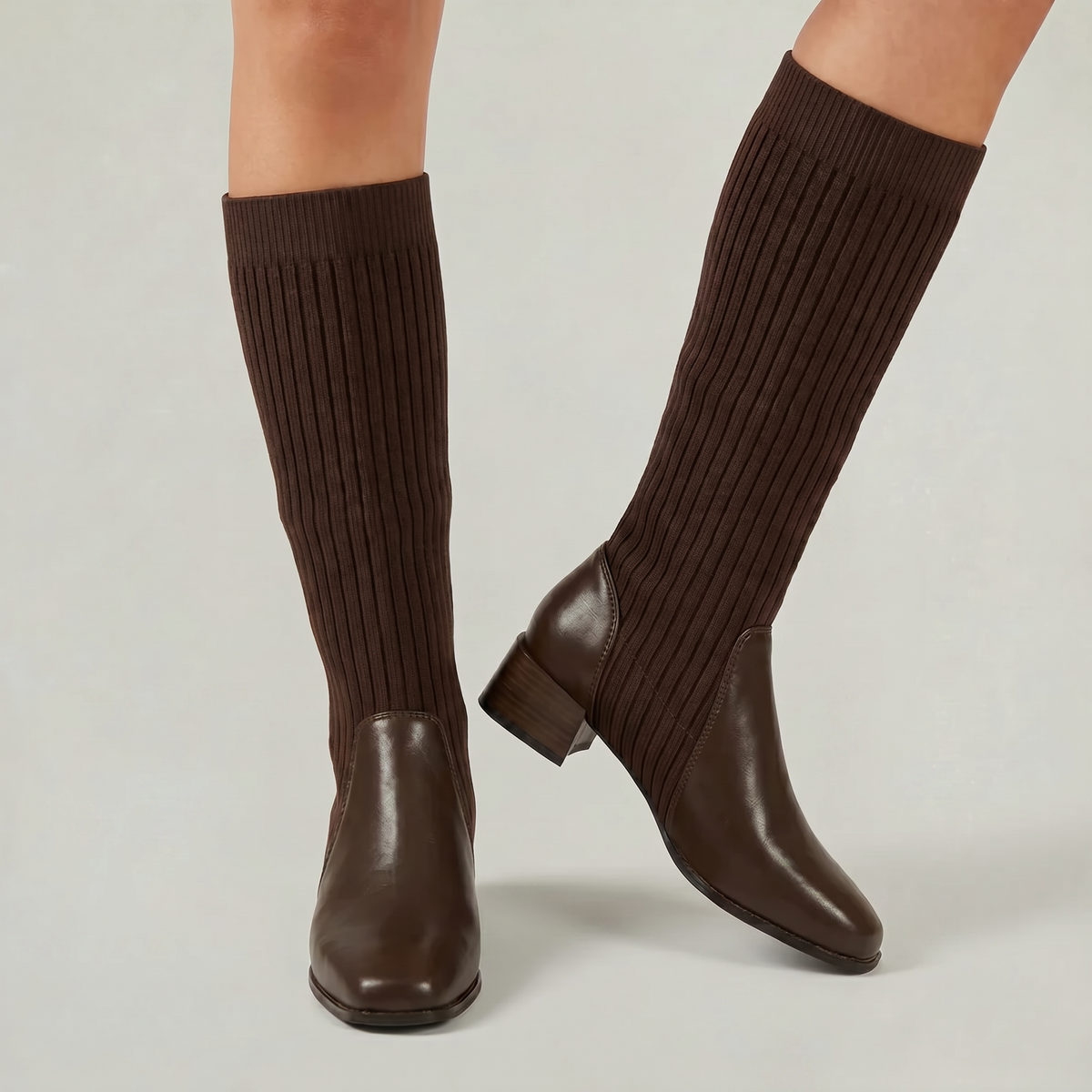 Margo & Main – Dark Brown ribbed knit knee-high boots worn front view, US women's sizes