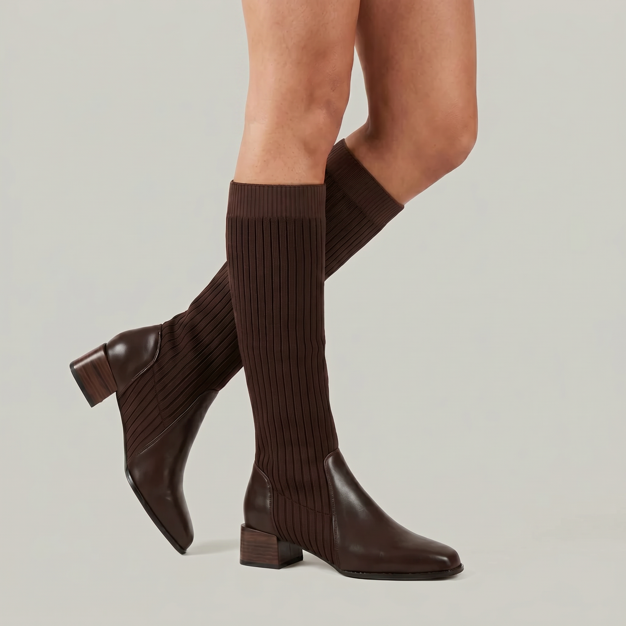 Margo & Main – Dark Brown ribbed knit knee-high boots worn side view, US women's sizes