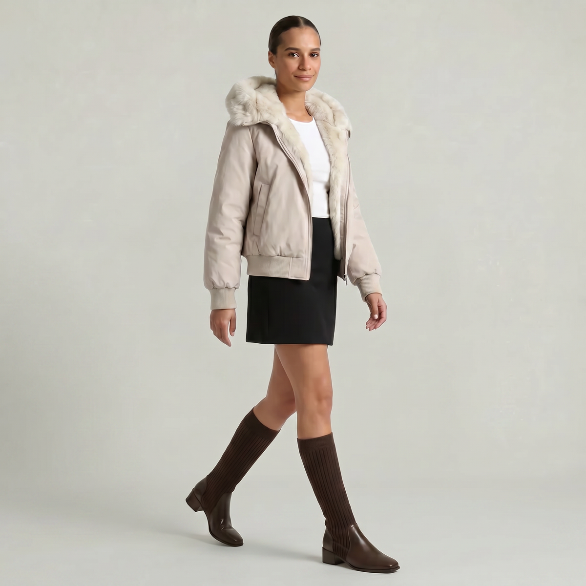Margo & Main – Dark Brown ribbed knit knee-high boots full outfit view, US women's sizes