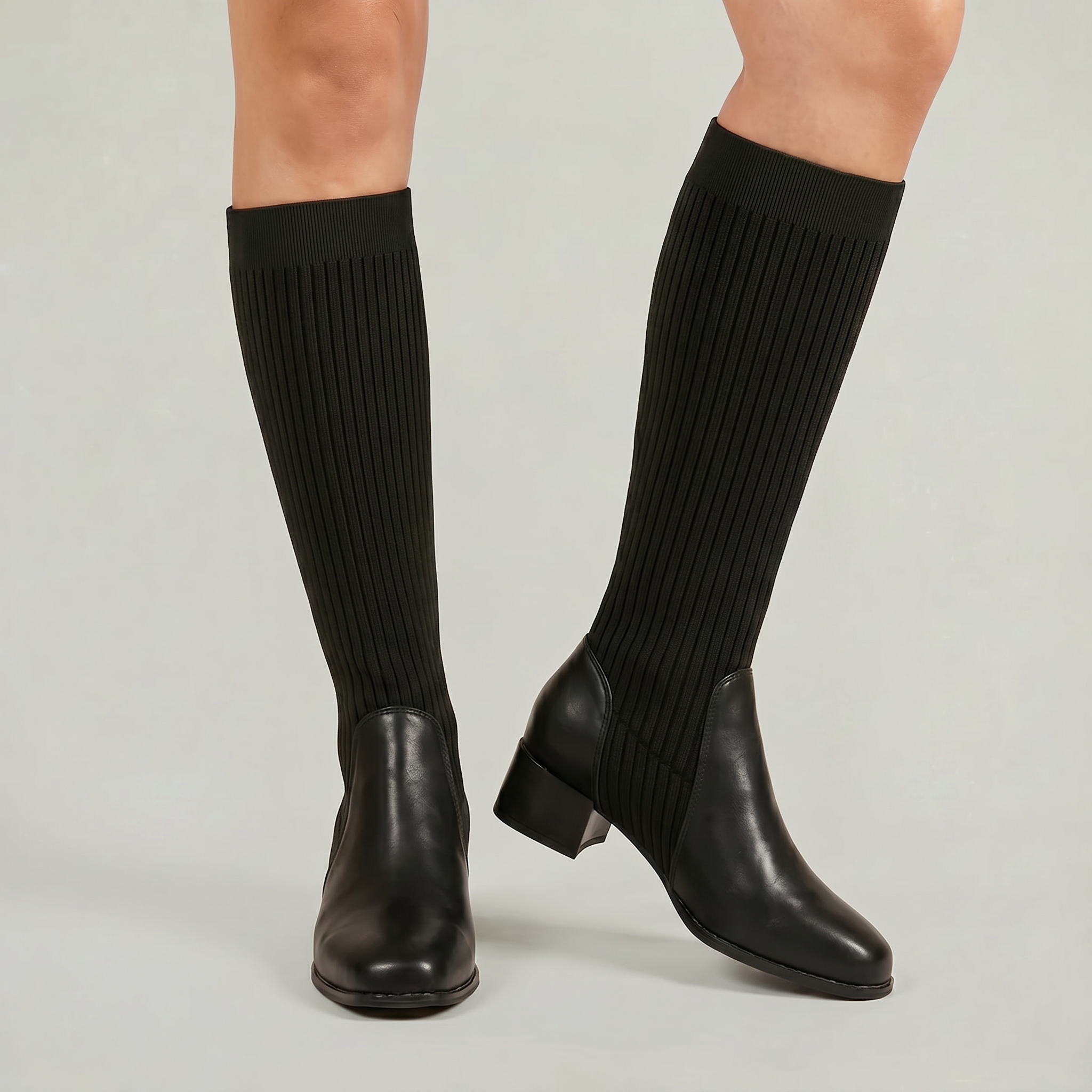 Margo & Main – Black ribbed knit knee-high boots worn back view, US women's sizes