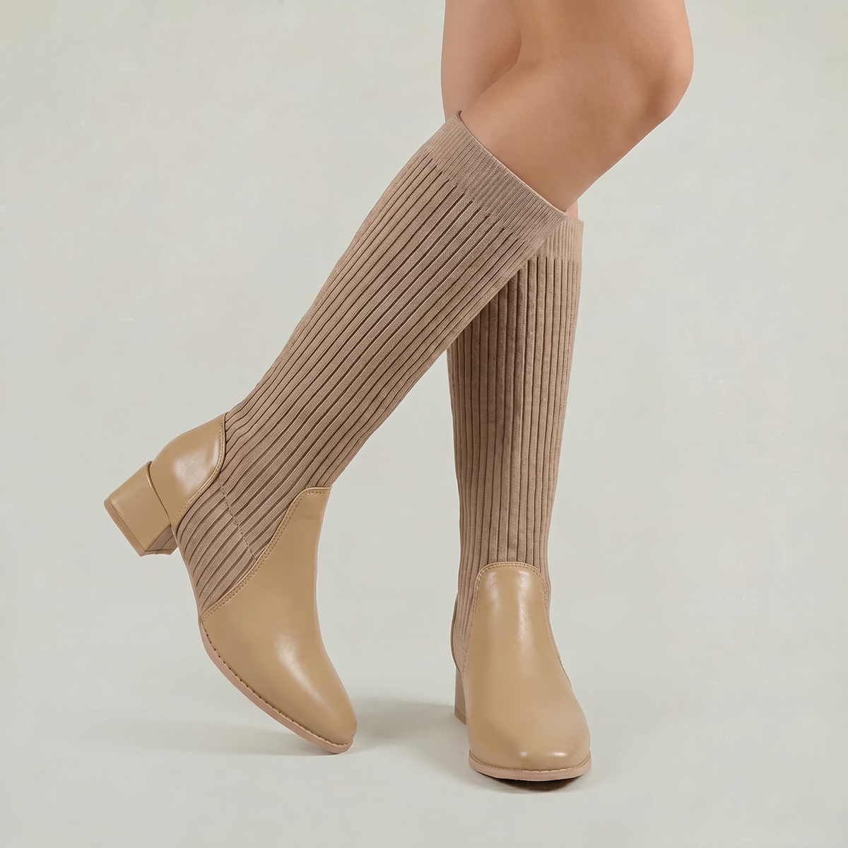 Margo & Main – Tan ribbed knit knee-high boots worn front view, US women's sizes