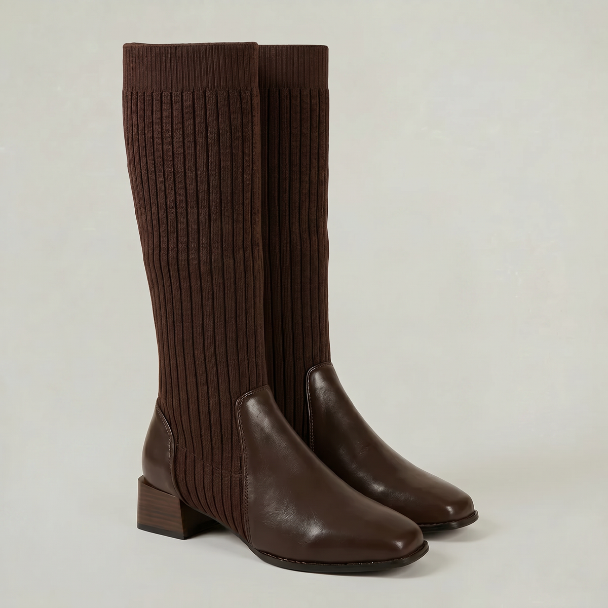 Margo & Main – Dark Brown ribbed knit knee-high boots angled pair view, US women's sizes