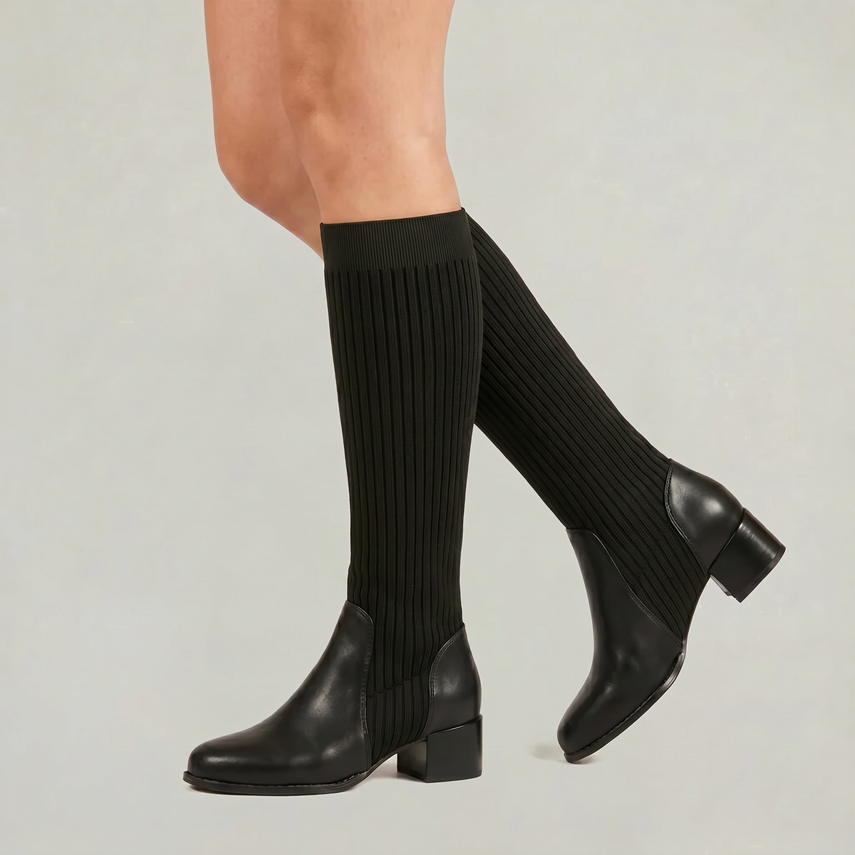 Margo & Main – Black ribbed knit knee-high boots worn side view, US women's sizes