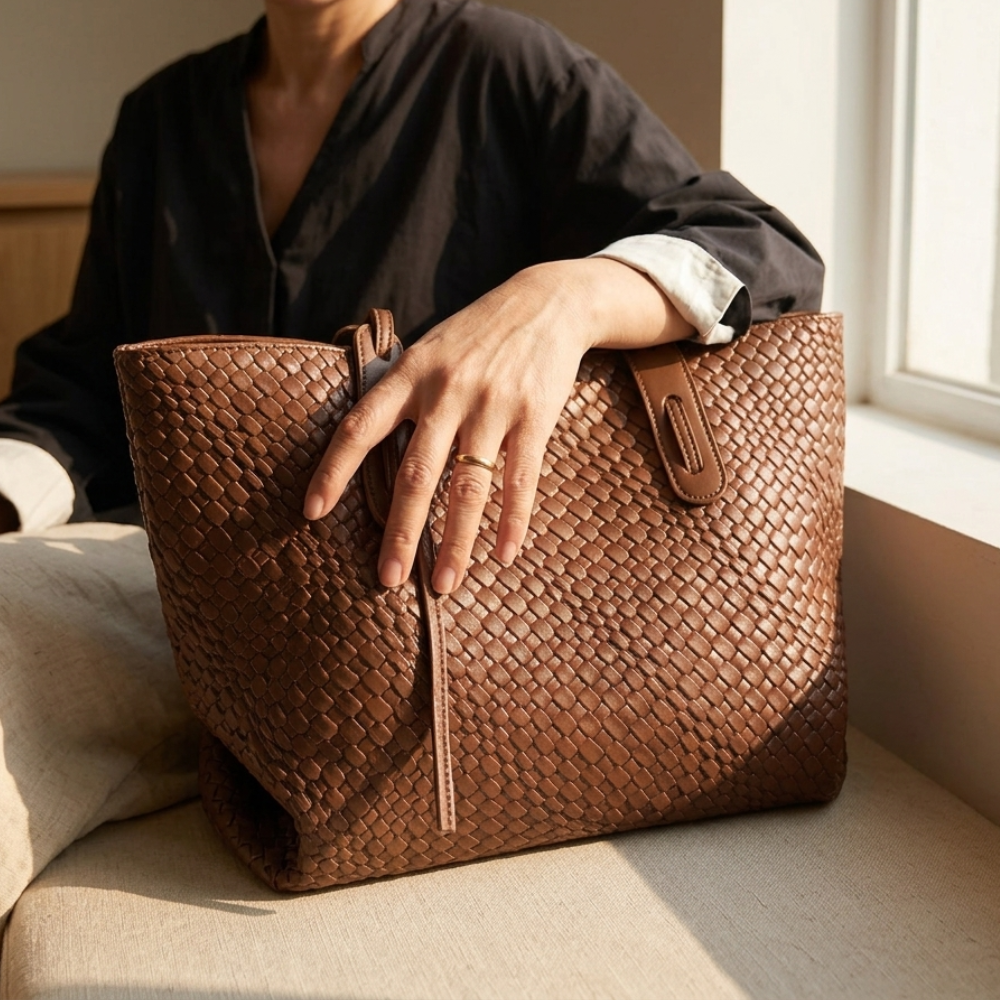 Margo & Main – Tessara brown woven tote held open on a sofa, showing the roomy interior