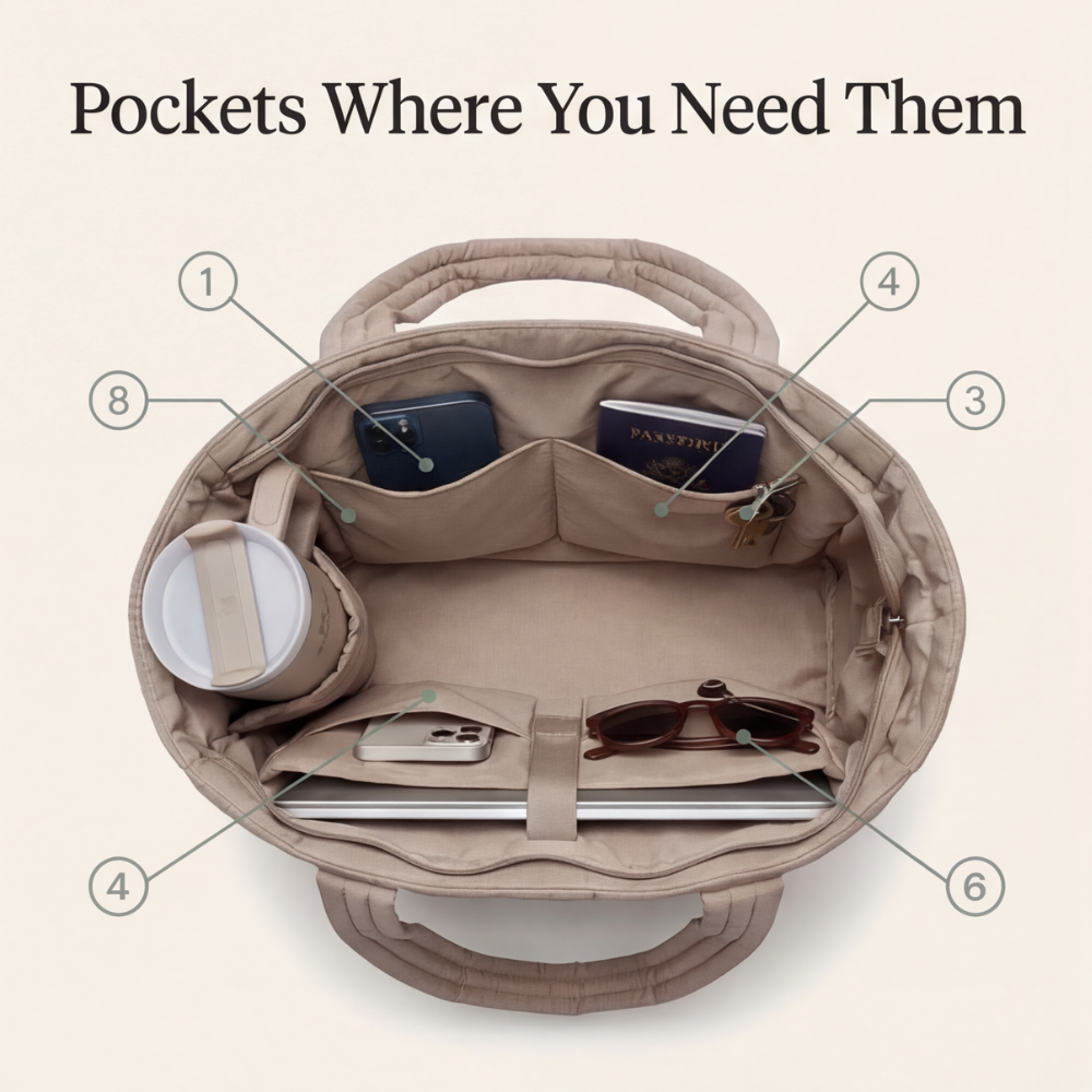 Margo & Main – Tova tan work tote interior diagram showing the numbered organiser pockets