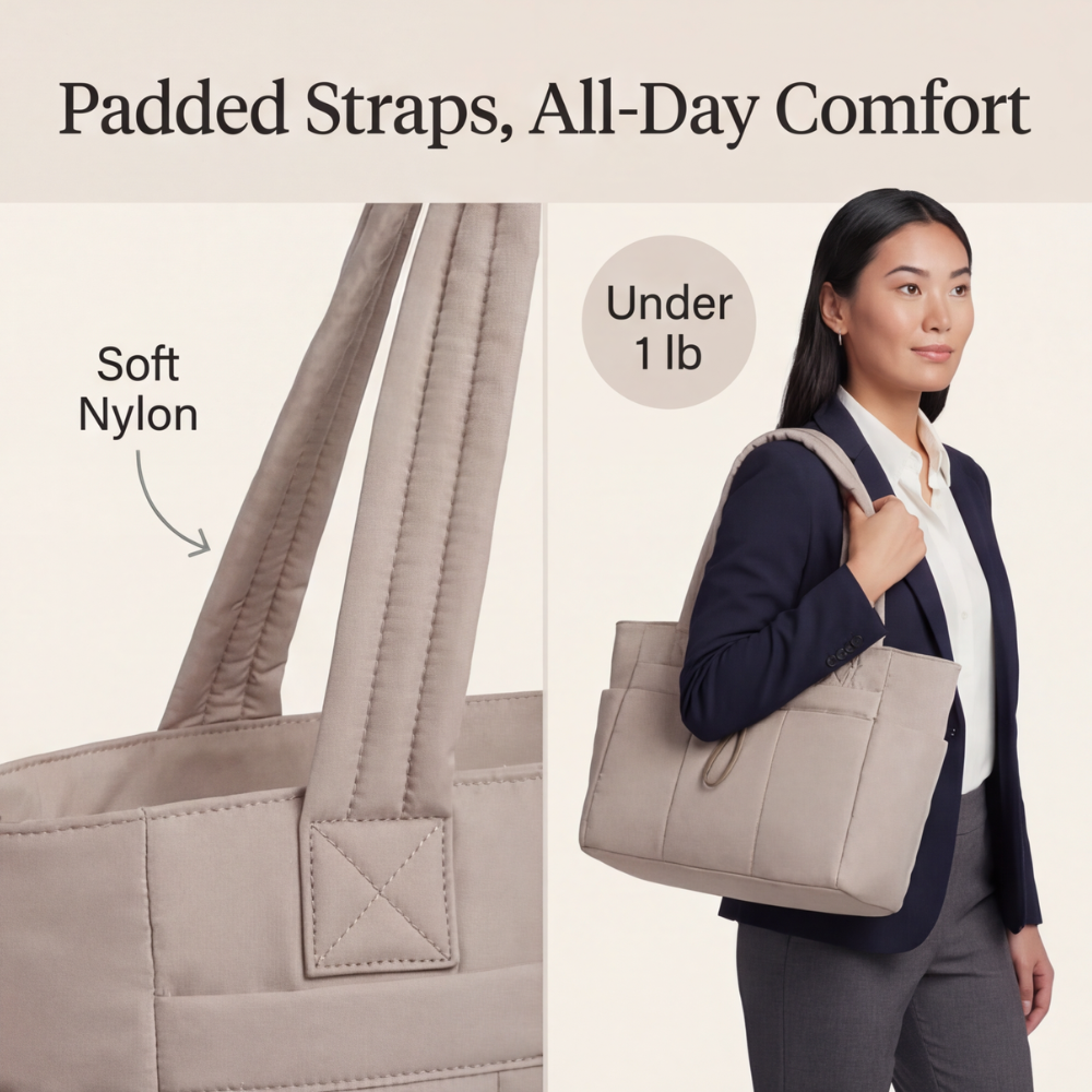 Margo & Main – Tova tan work tote diagram showing the soft nylon padded shoulder straps