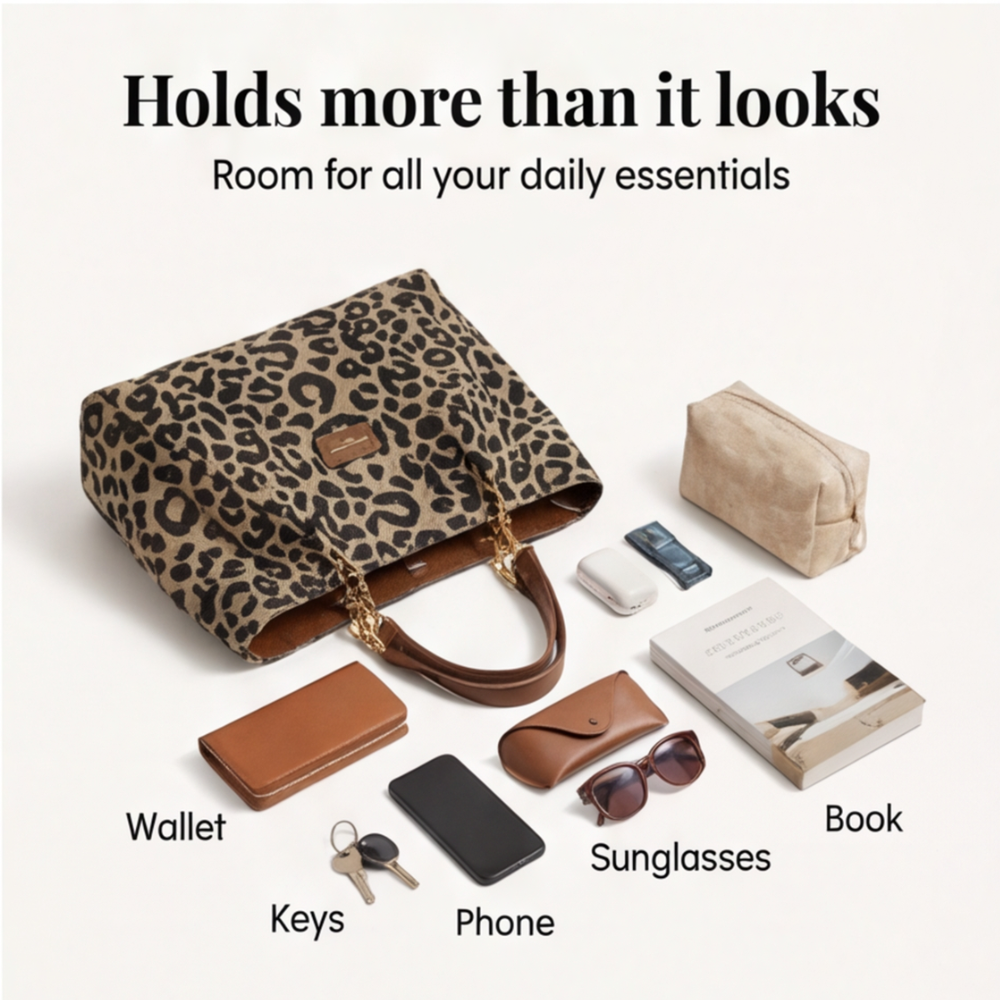 Margo & Main – Lynxe brown leopard canvas bag diagram showing the essentials it holds