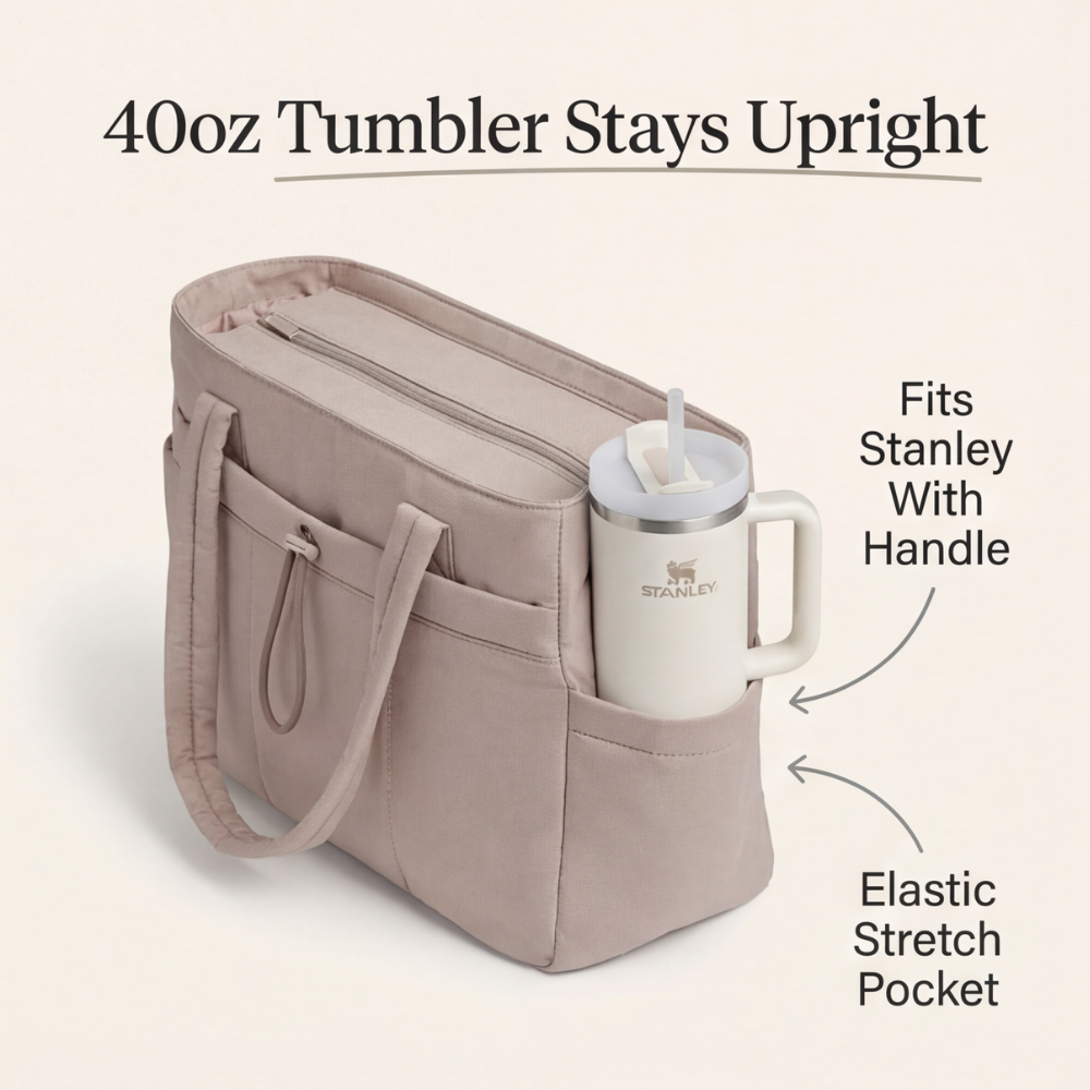 Margo & Main – Tova tan work tote diagram showing the elastic tumbler pocket on the side