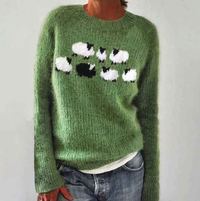 Margo & Main – gray Nordic yoke marled pullover sweater green sheep motif view, US women's sizes