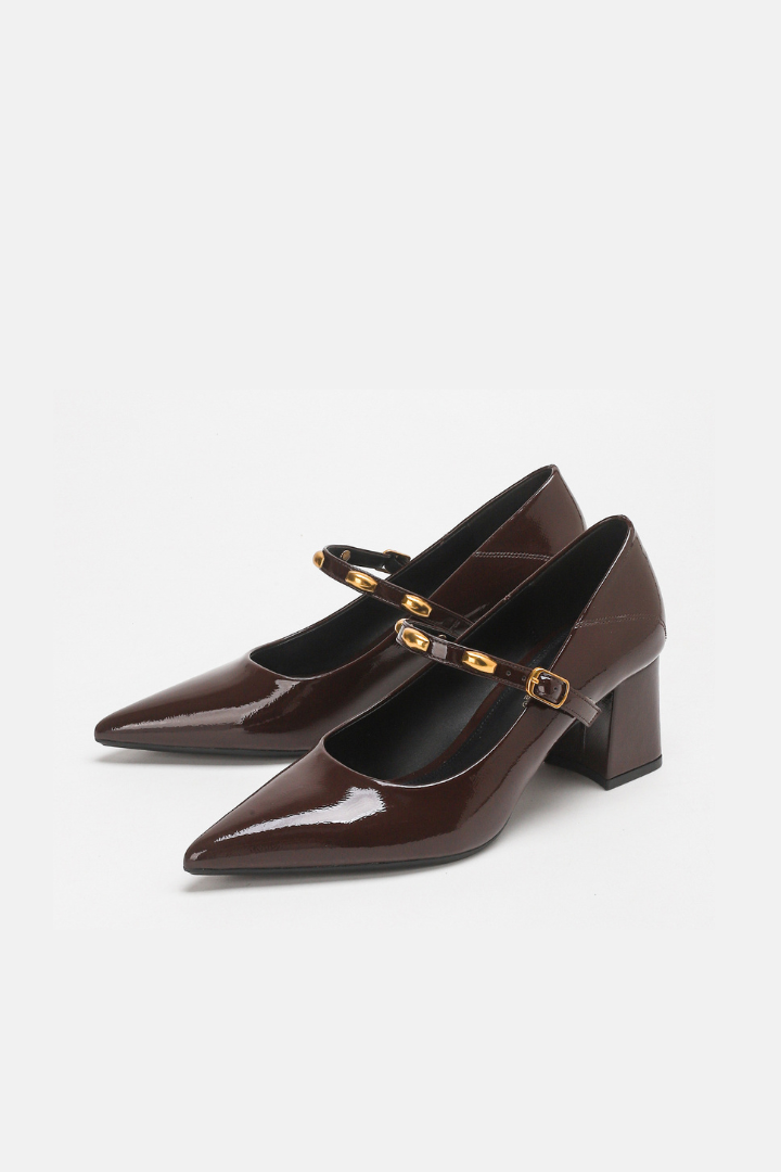 Margo & Main – brown studded strap mary jane block heel pumps, back view, US women's sizes