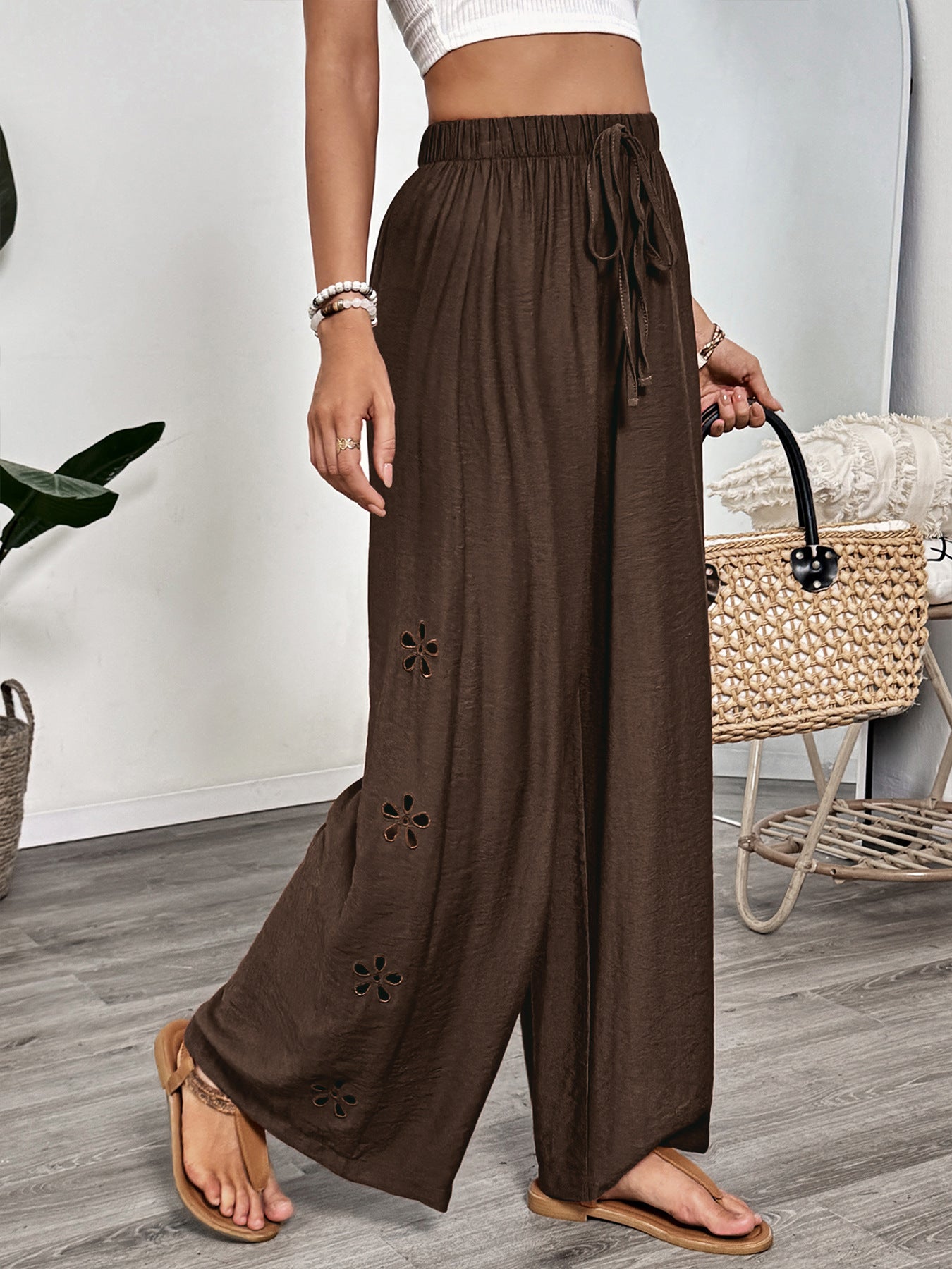 Lightweight brown wide leg pants women breathable loose fit drawstring summer trousers relaxed fit