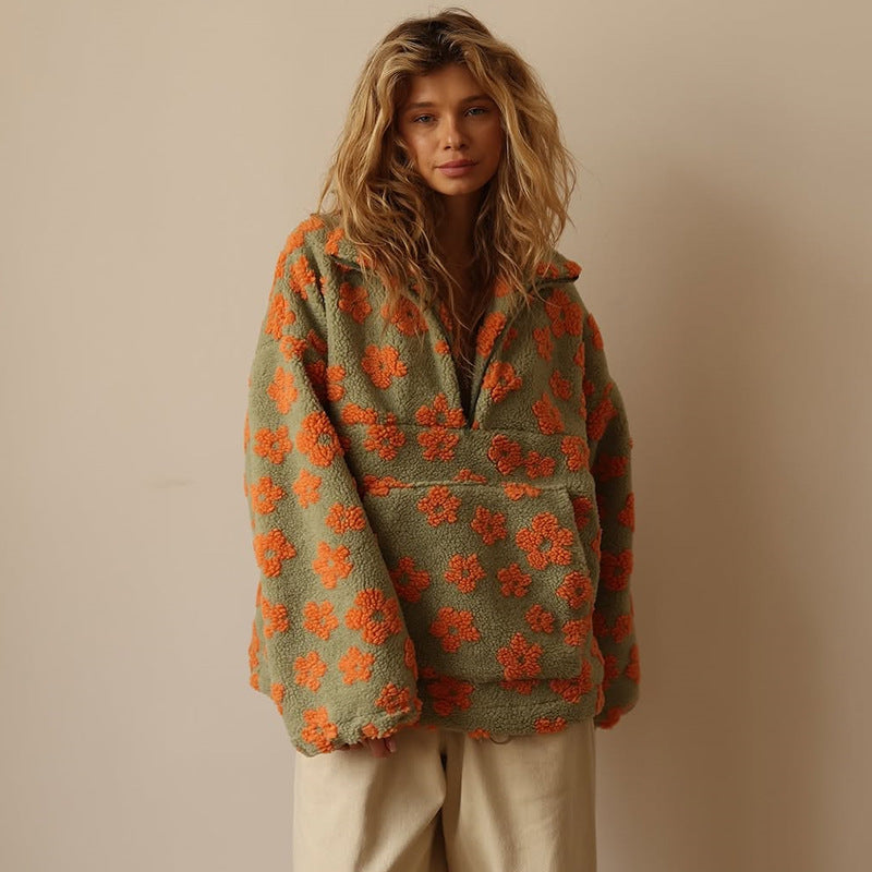 Margo & Main - sage and orange floral sherpa pullover collar detail, US women's sizes