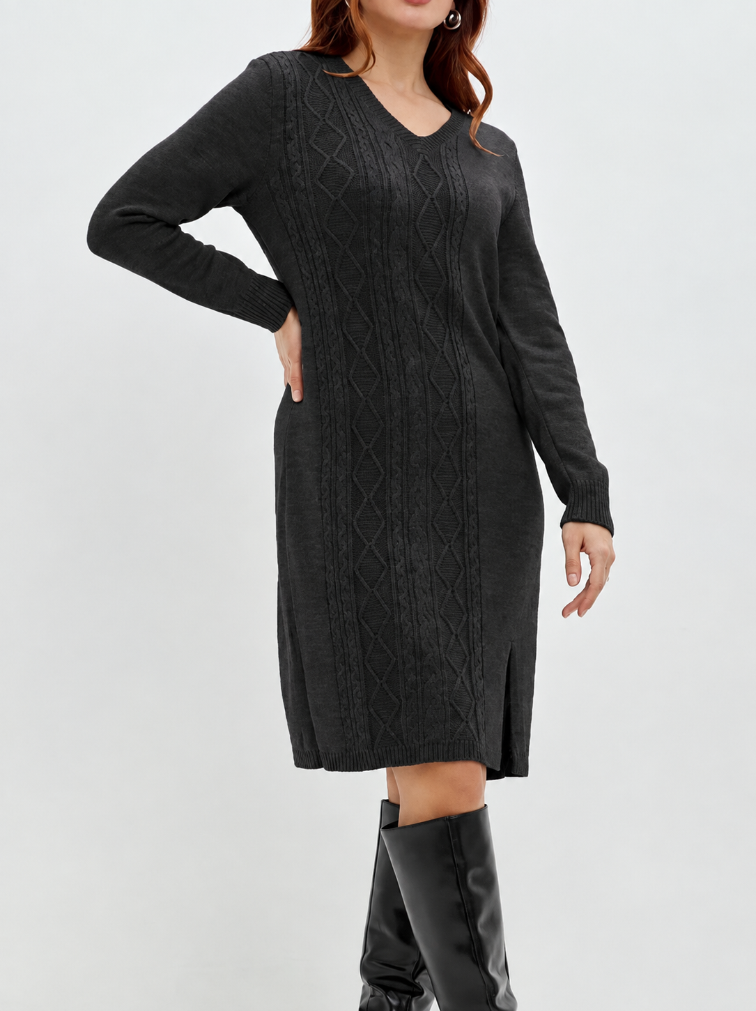 Margo & Main – cable knit v-neck sweater dress, full length view, US women's sizes