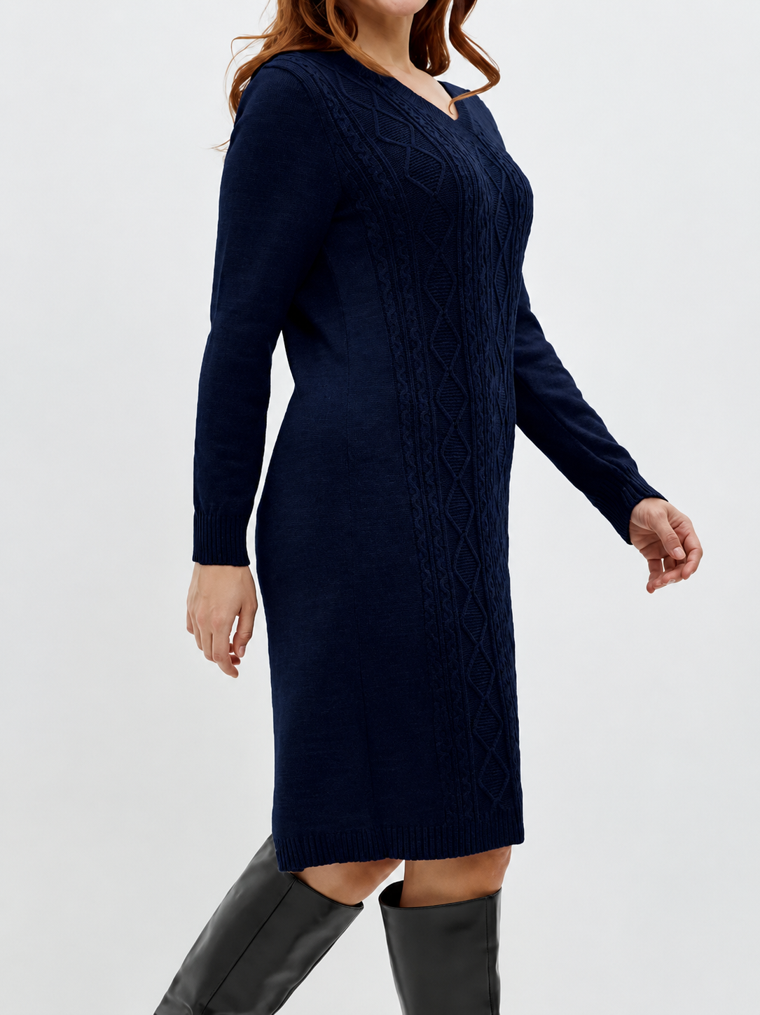 Margo & Main – cable knit v-neck sweater dress, styled view, US women's sizes