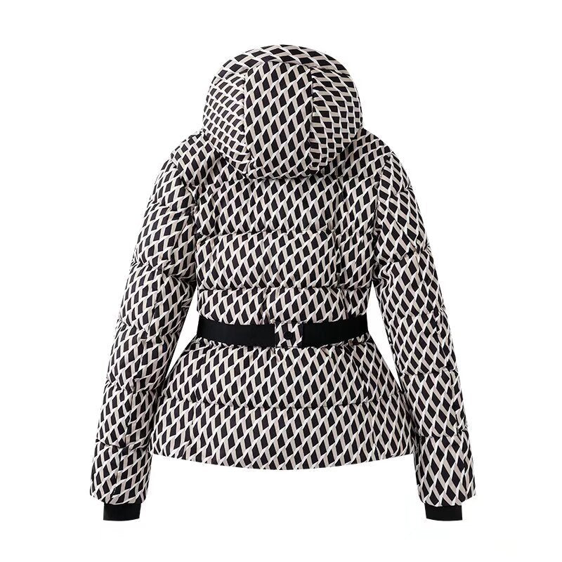 Margo & Main – belted hooded quilted puffer jacket, close-up view, US women's sizes